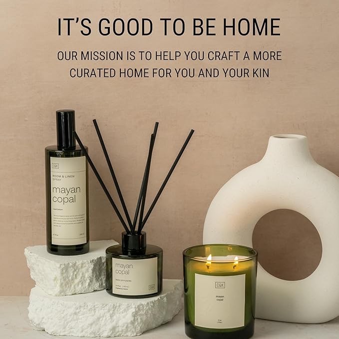 Craft & Kin Amber Moss Christmas Reed Diffuser | All Natural Essential Oil & Rattan Scent Sticks | Holiday Reed Diffusers for Home, Bathroom | Long Lasting Home Fragrance in Green Glass, 3.4oz