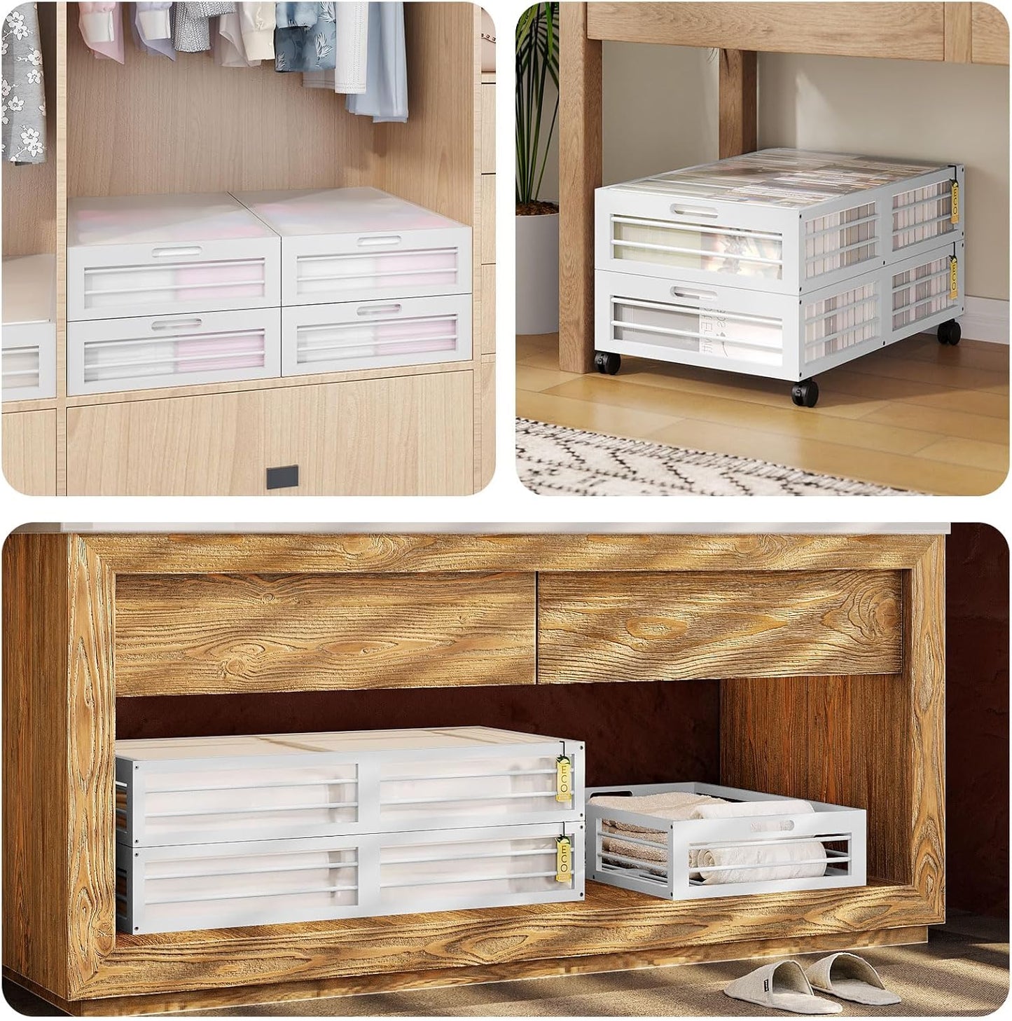 Under Bed Storage Containers with Wheels, Larger Bamboo Wood Under Furniture Storage Containers with Dust Bags๏ผRolling for Shoes Clothes