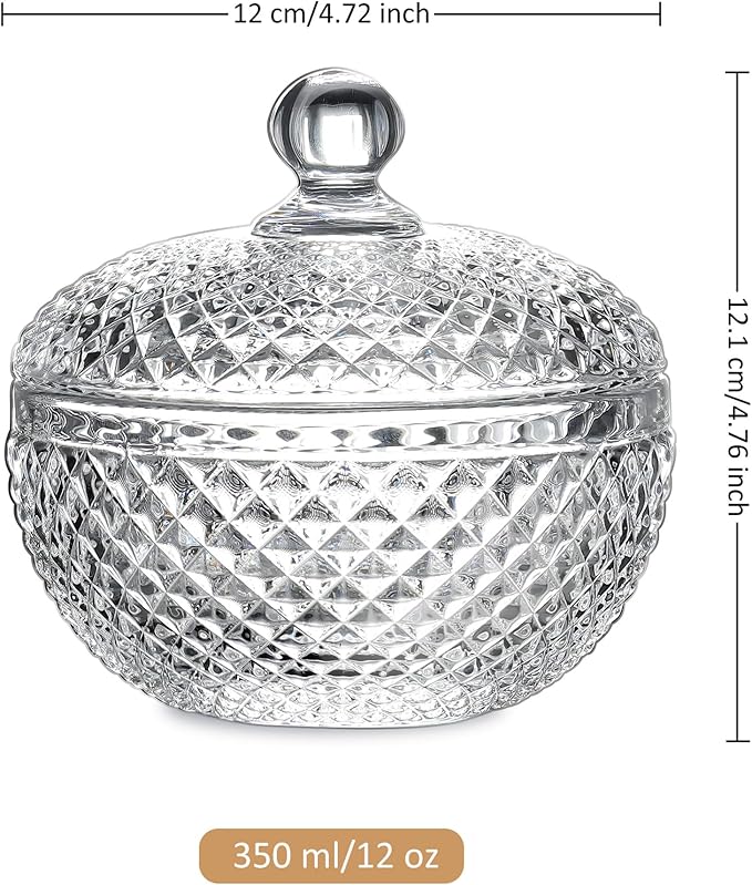Joeyan 12 oz Small Clear Glass Jars with Lid,Embossed Glass Candy Dishes,Diamond Faceted Food Container,Decorative Jewelry Box Apothecary Canisters,Kitchen Bathroom Buffet Storage Organizer
