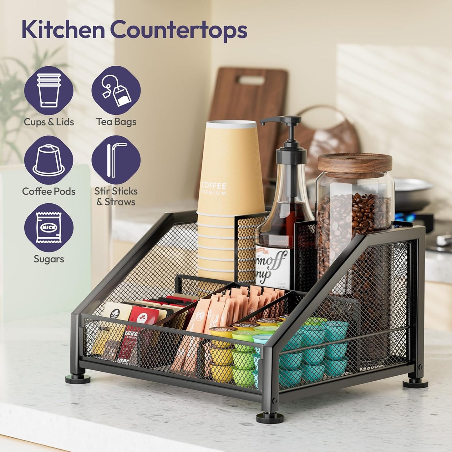 SWTYMIKI Coffee Bar Organizer for Countertop – Space-Saving Storage Rack with Tiered Shelves, Coffee Station Organizer for Breakroom, Kitchen, Office, Cafe, Mesh Tea Condiment Storage