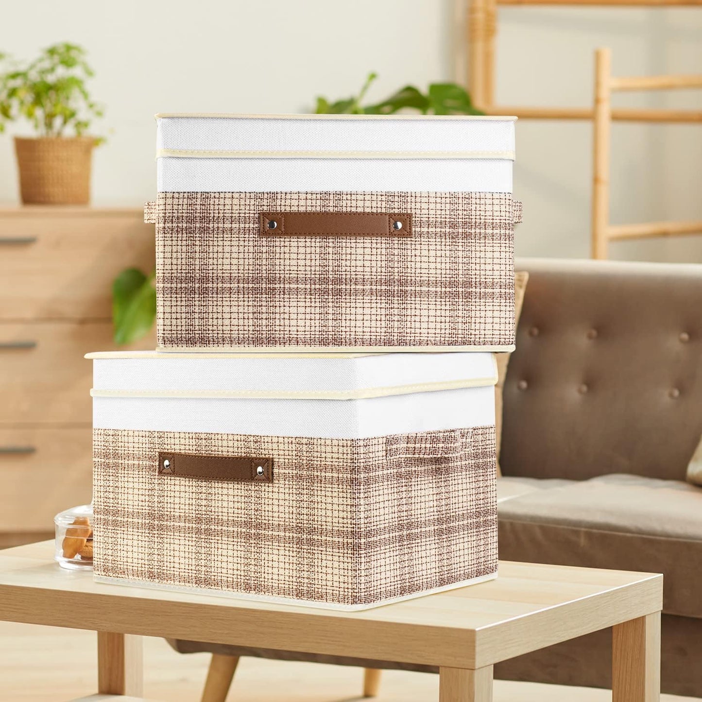 TYEERS Collapsible Storage Bins with Lids, Patchwork Design, Washable, Fabric Storage Boxes, 14.9x9.8x9.8 inches, 5 Pack, Camel Tan