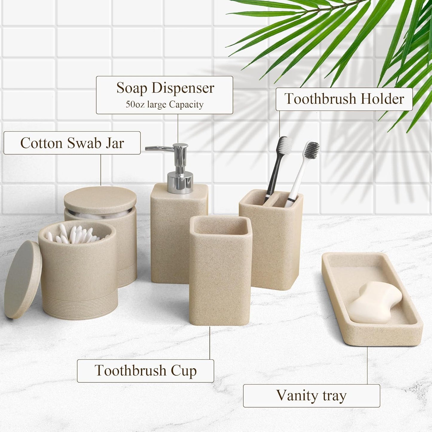 Bathroom Accessories Set, 6 Piece Bathroom Set with Toothbrush Holders, Soap Dispenser, Vanity Tray, Tumbler, Cotton Swab Jars, Bathroom Organizer,Bathroom Sink Sets, Stone Beige