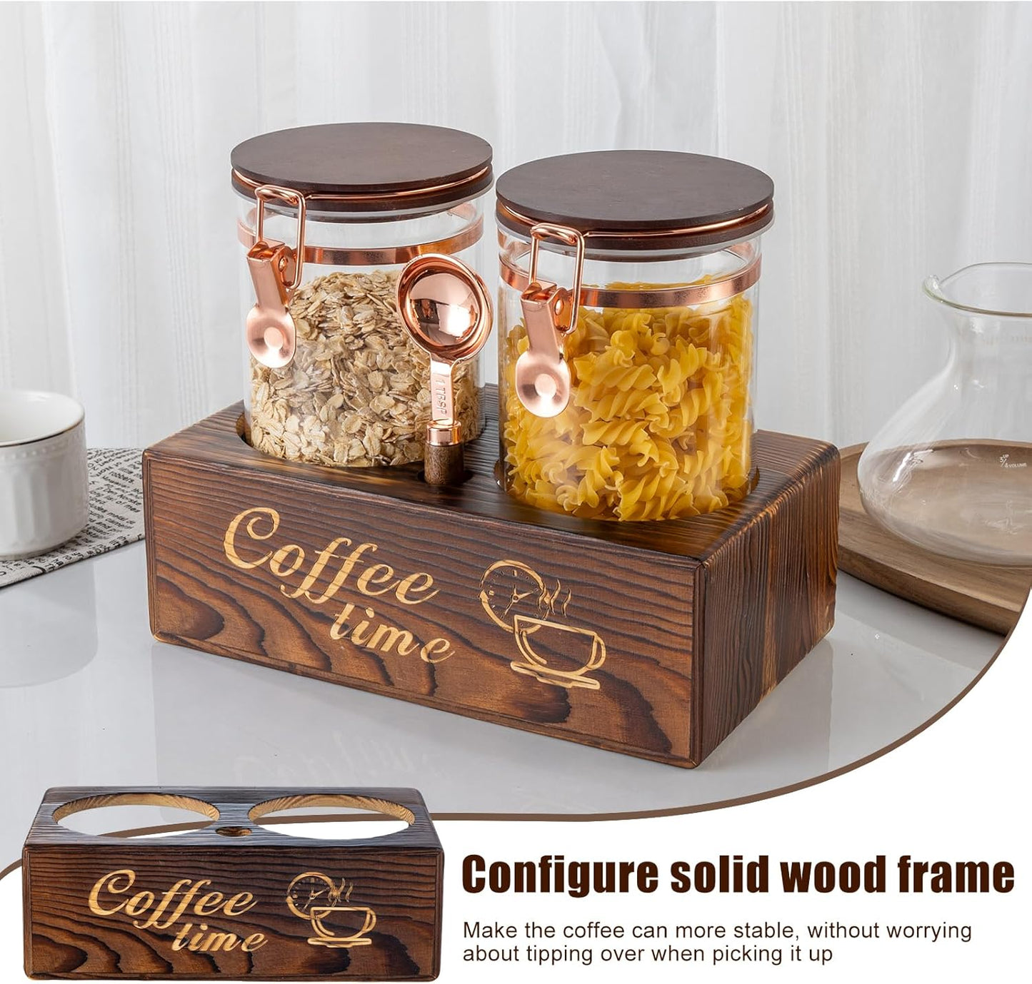 2-Piece Borosilicate Glass Coffee Storage Jars with Wooden Stand & Spoon - Airtight Sealed Containers for Coffee Beans, Ground Coffee, Tea - Clear Glass Canisters for Kitchen Countertop