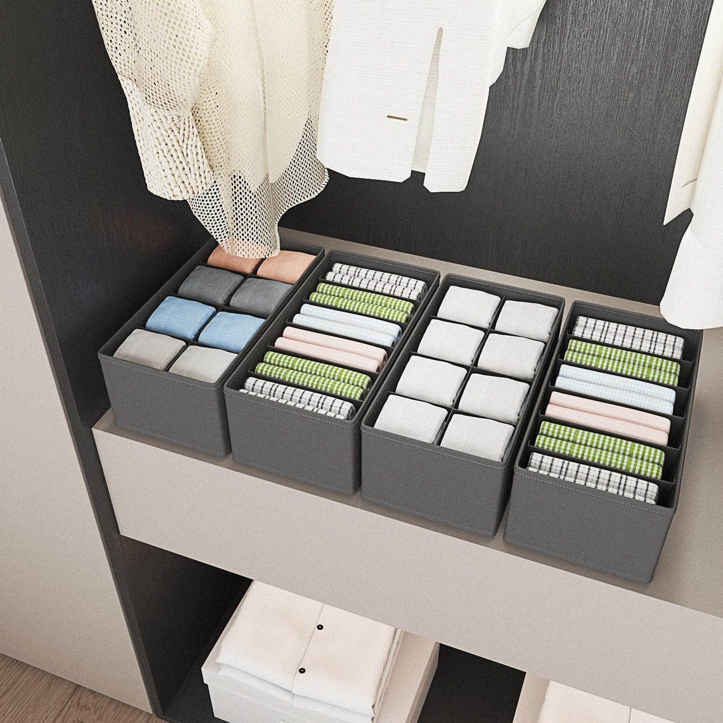 4 PACK Sock Underwear Drawer Organizer Dividers, Collapsible Cabinet Closet Storage Boxes for Clothes, Socks, Lingerie, Underwear, Tie, Belt,Bedroomedroom