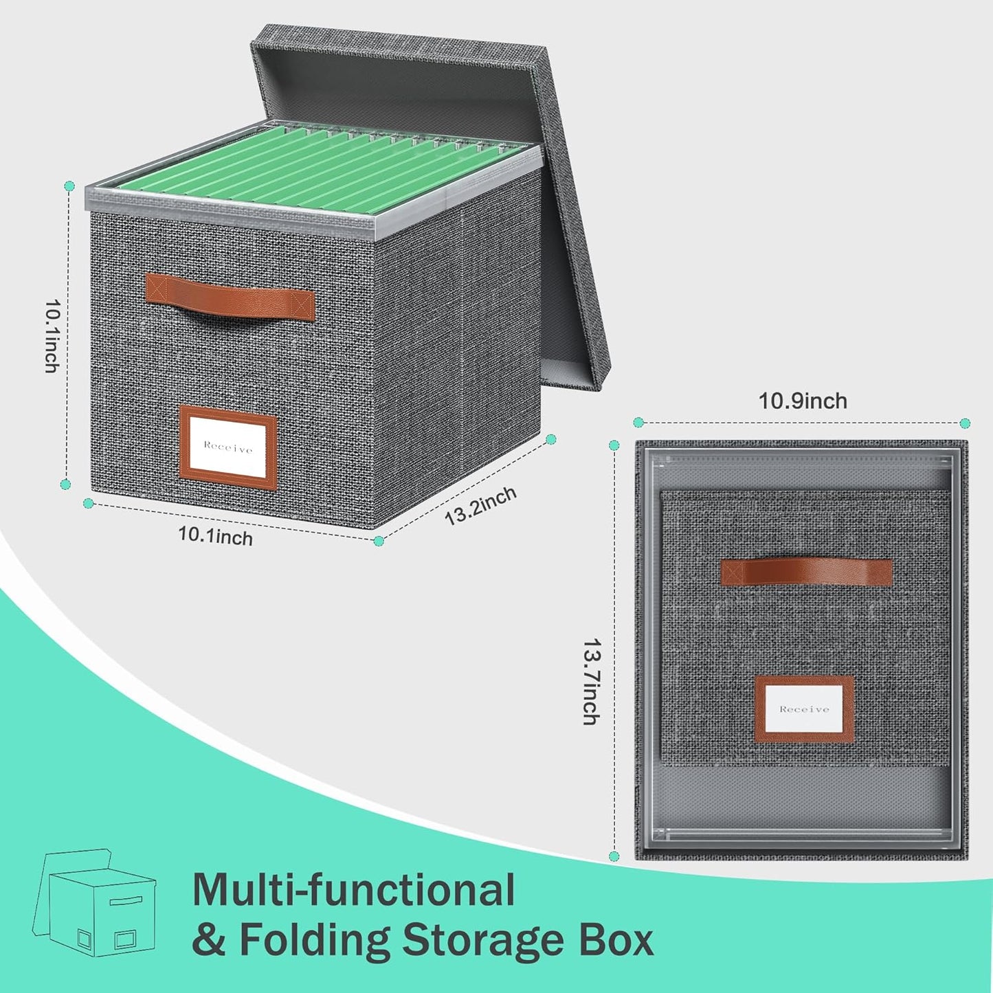 File Organizer Box with Lid File Box for Hanging Decorative File Organizer with One-Piece Integrated Plastic Slide Rail (Grey, 13.2x10.1x10.1inch(3pack))