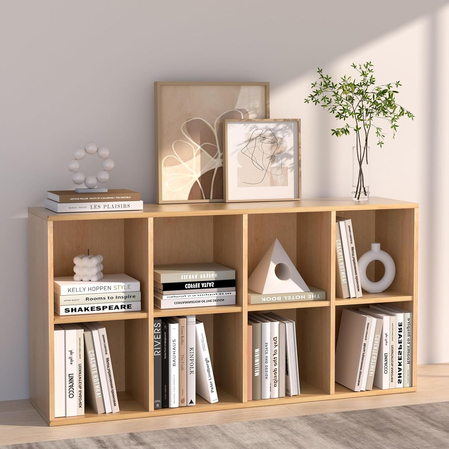 Wooden 8 Cube Storage Organizer with Closed Back Panel,White Cube Shelf Cubby Storage Organizer with Compartments for Living,Bookshelf,Storage Organizers Easy to Install (Oak, 8 Cube)