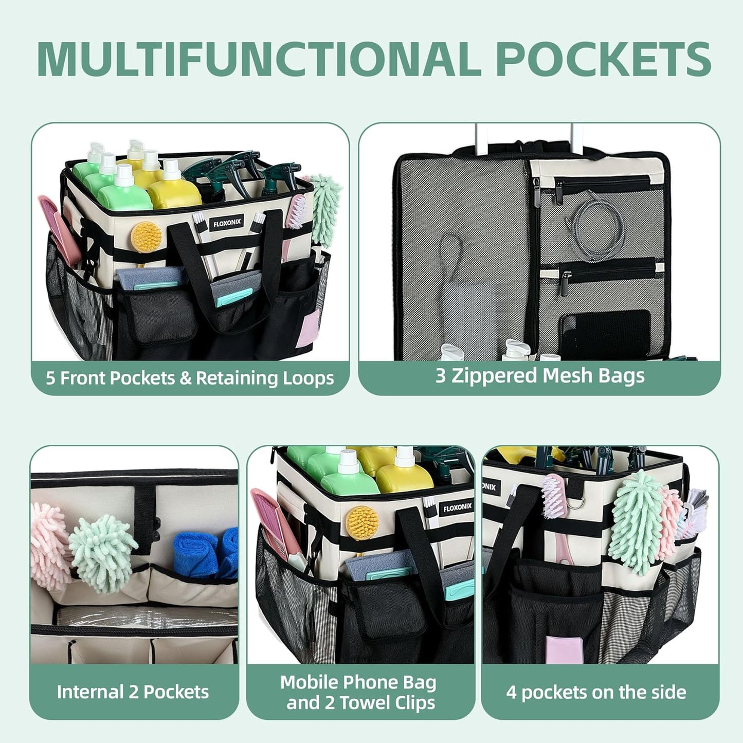 Large Rolling Cleaning Caddy Bag with Wheels, with Detachable Trolley, Cleaning Bags on Wheels for Housekeepers, Cleaning Cart Supplies Organizer for Home, Car, Picnic (Beige)