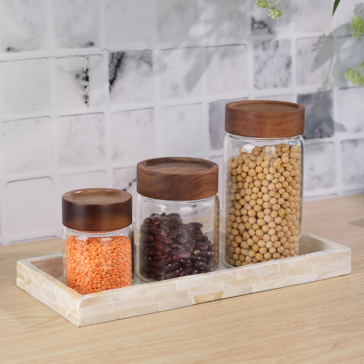 PEMAR Set of 2 Mother of Pearl Vanity Tray for Bathroom Counter, 11" Wooden Organisation Valet Tray for Perfume Makeup Bedroom Dresser Kitchen Sink Countertop Organizer, Toilet Tank (White Tiles)