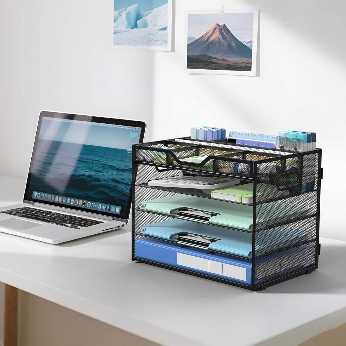 Docnest 5 Tier Mesh Desk Organizer- Letter Tray with Adjustable Compartments, Mesh Desktop Storage Built in Pen Holder and Handles, Desk Organizer Tray for Mail Documents Office Supplies-Black