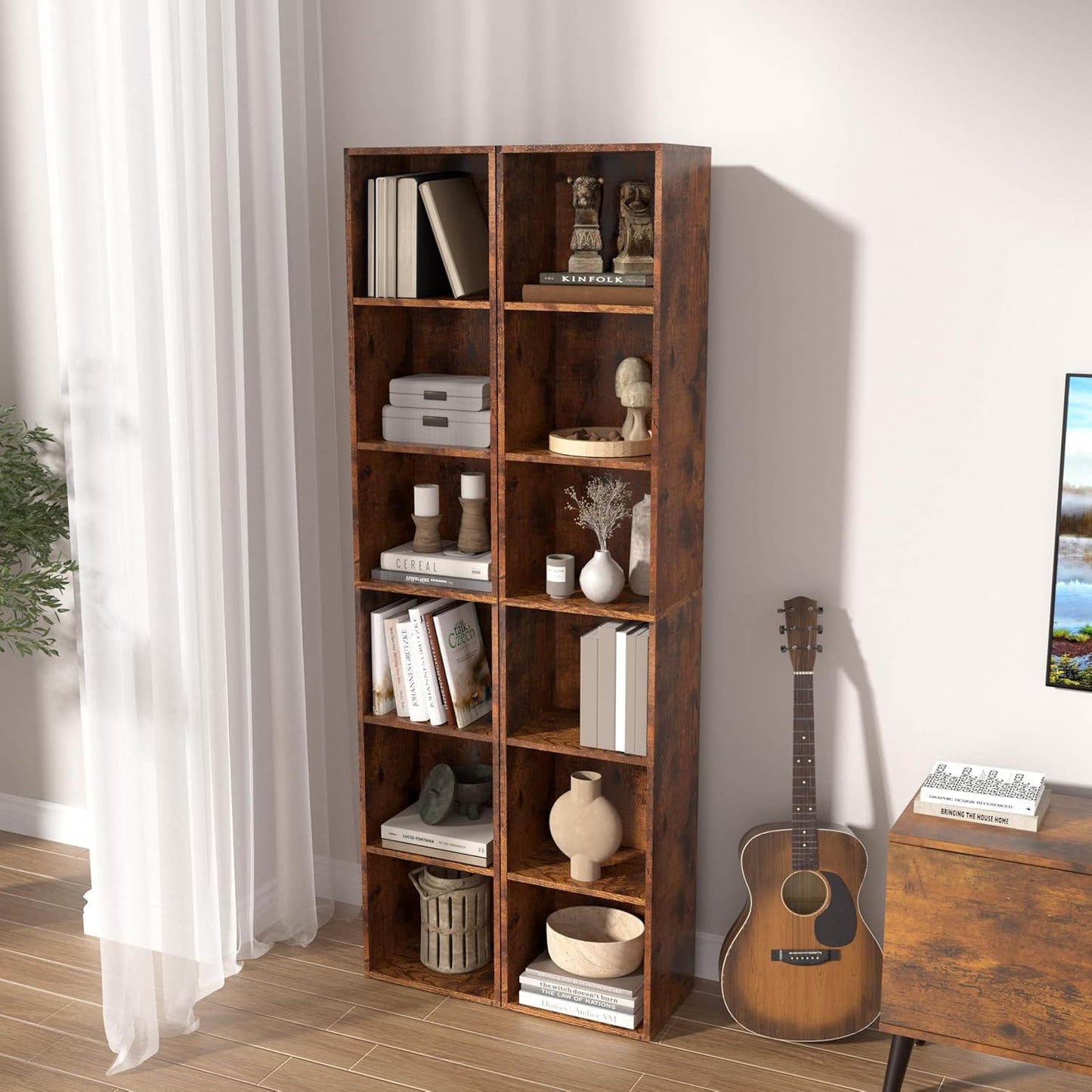 Wooden 6 Cube Storage Organizer, 6 Tier Storage Cubes Storage Display Cubby, 62 Inch Tall Versatile Cubes Shelf and Cubby Organizer for Any Space (Retro Brown, 6 Cube-W(11.8inch)