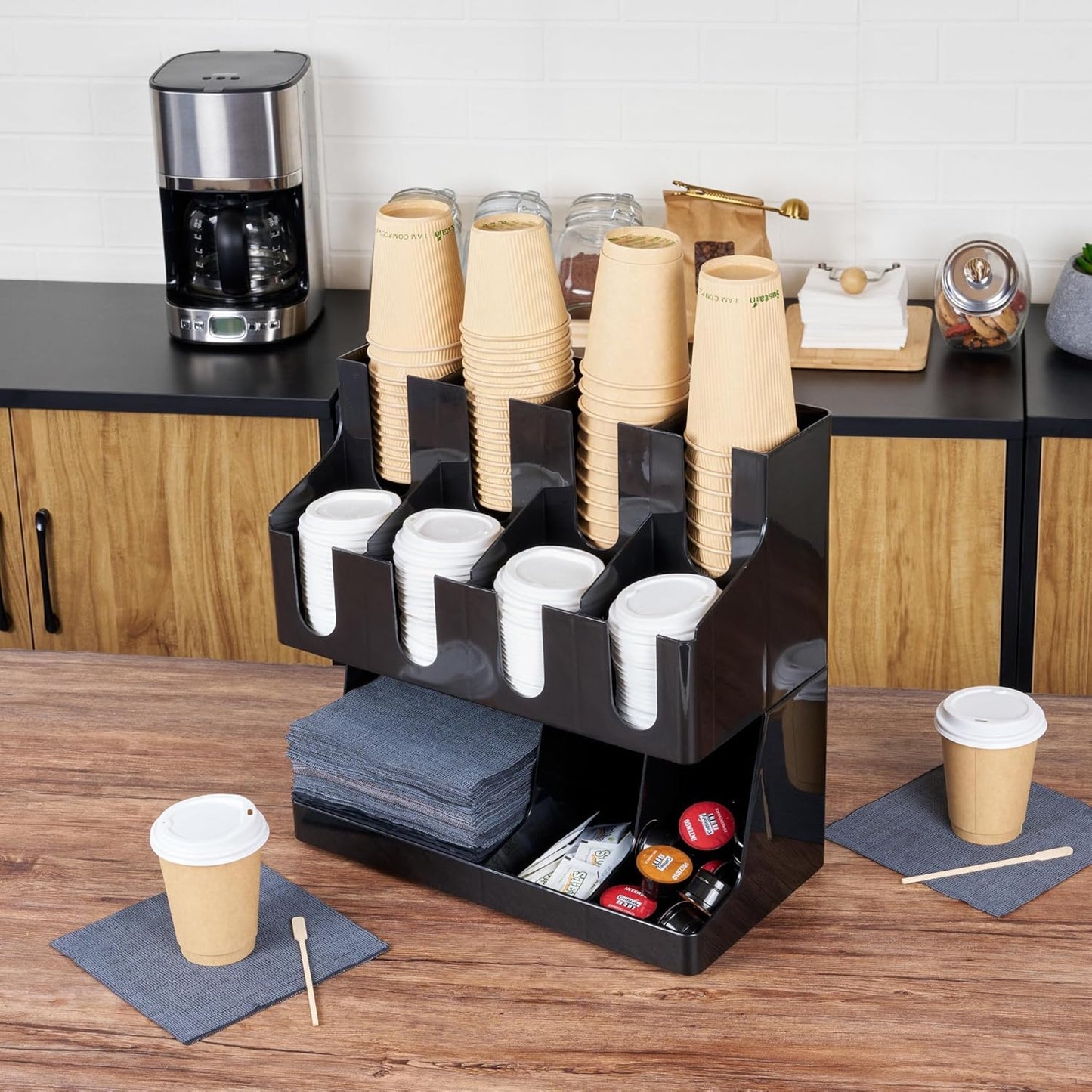 Restaurantware Restpresso Coffee Bar Organizer, 1 Count Durable 11 Compartments, Compact Size, Black Plastic Tabletop Coffee Supplies Organizer For Homes, Office Spaces, Breakrooms, and Lounges