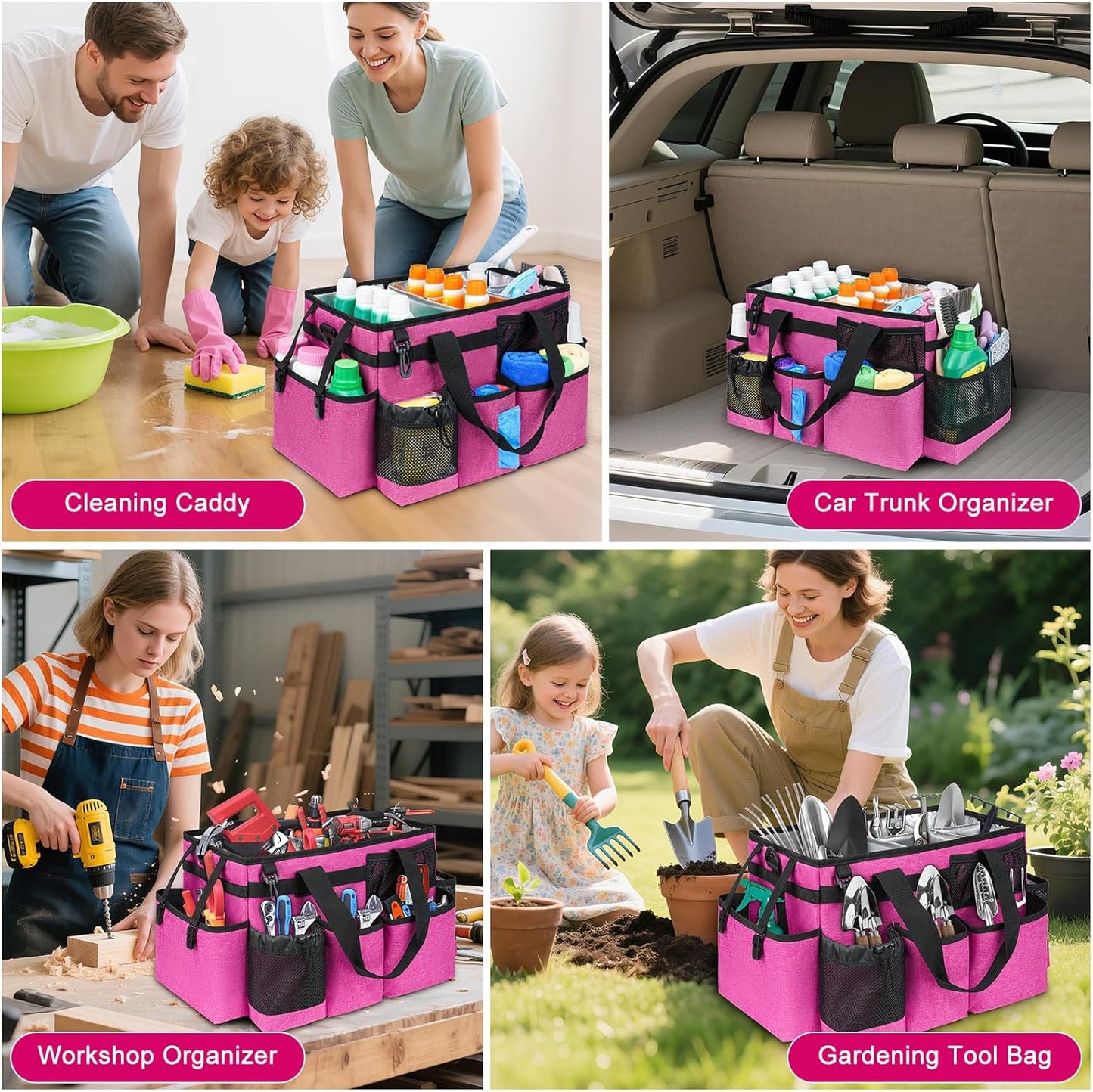 Cleaning Caddy Bag, Cleaning Supplies Organizer for Housekeepers, Housekeeping Caddy with Handle and Detachable Padded Cushion, Pink