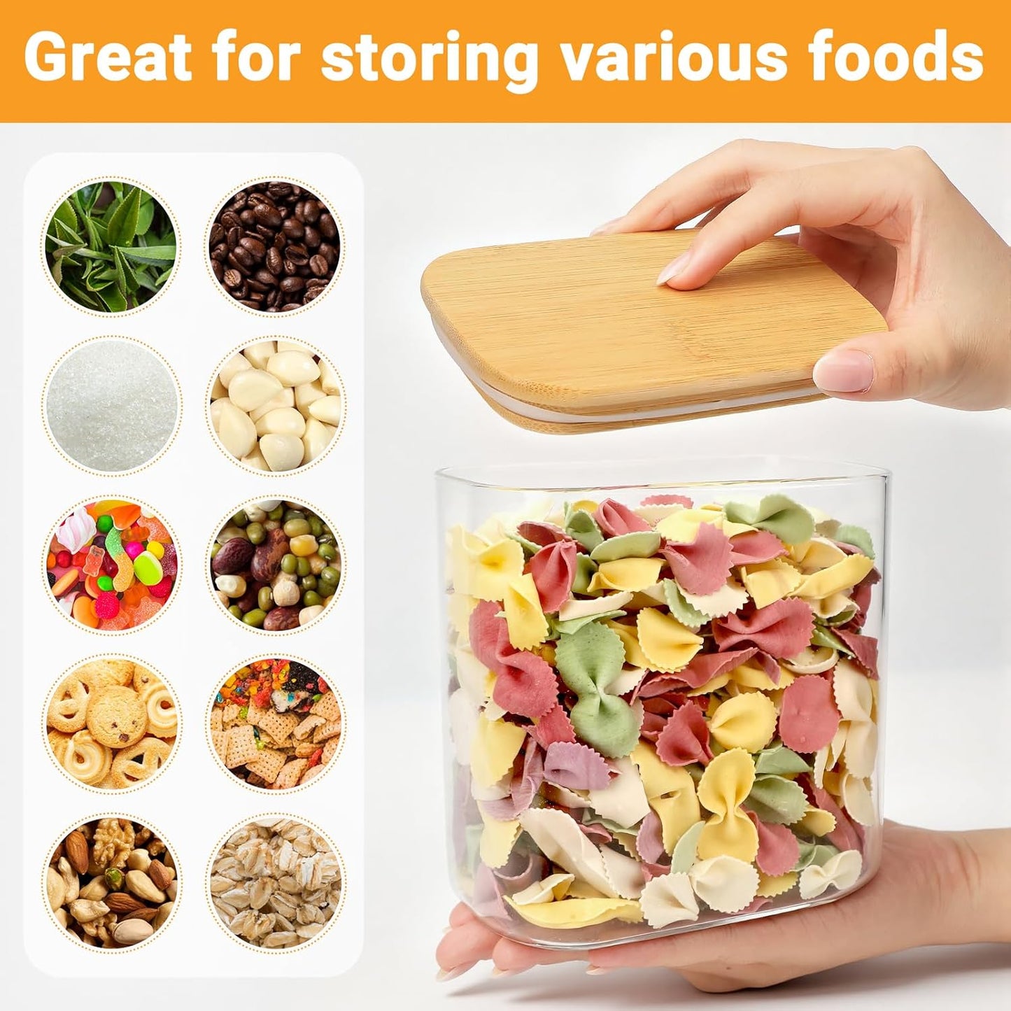 27oz Glass Jars with Lids Set of 2, Rectangle Glass Pantry Storage Containers with Bamboo Lids, Kitchen Cereal Container Clear Food Storage Jars for Sugar, Coffee, Tea, Oat, Candy, Cookie