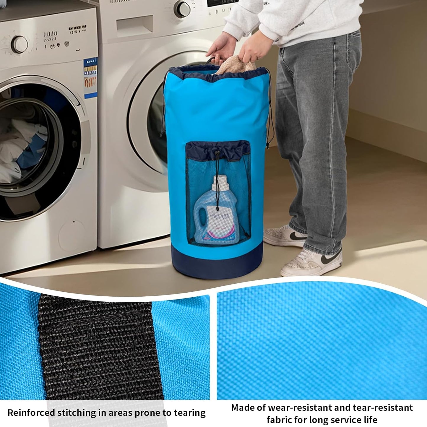 Laundry Bag Backpack with Shoulder Straps and Mesh Pocket Foldable Clothes Hamper Bag with Drawstring Closure for College, Apartment, Laundromat (Blue)