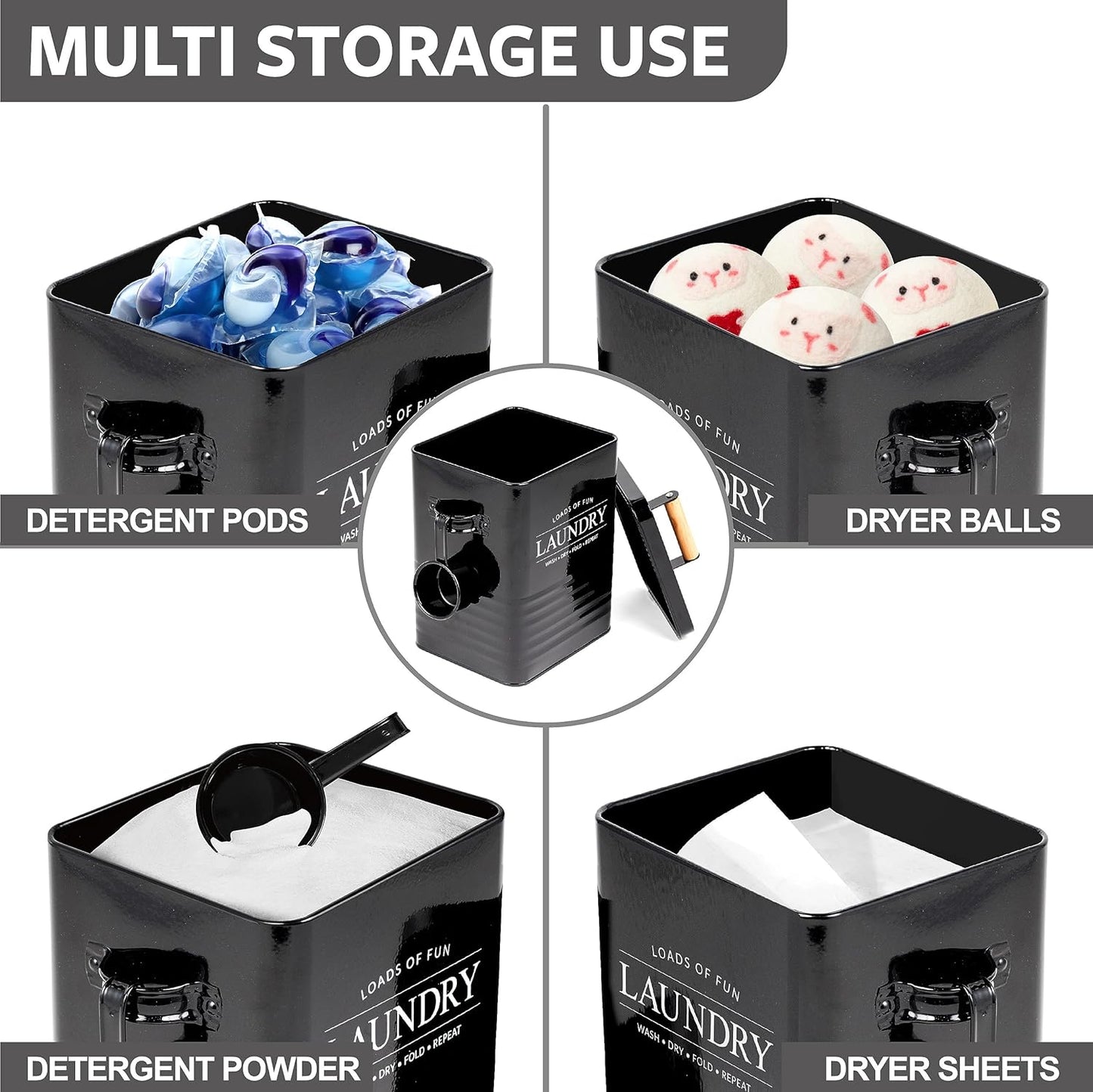 Calindiana Modern Farmhouse Metal Laundry Soap Dispenser Container Holder with Scoop for Laundry Room Decor and Space Saving Laundry Room Organization and Storage, Laundry Powder Container, Black