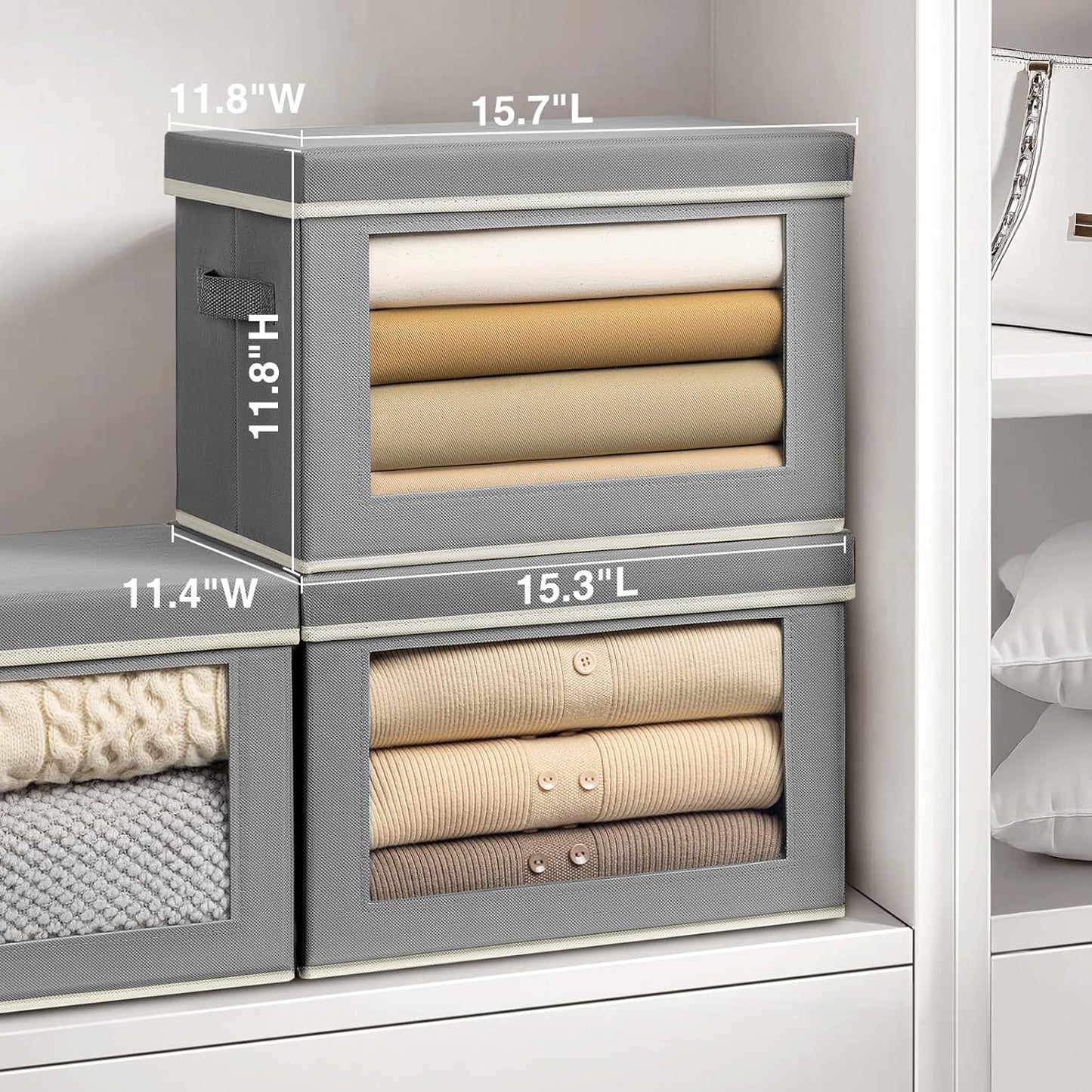 Stackable Storage Bins with Lids - Large Decorative Basket with Lids, Fabric Foldable Closet Organizer Bins, Shelf Organizer for Living Room, Dorm, 5 Pack, Grey