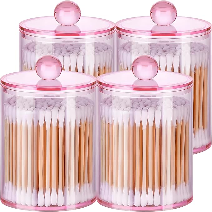 AXX Qtip Dispenser Apothecary Jars Bathroom - Qtip Holder Storage Canister Clear Plastic Jar for Cotton Swab,Q-Tips,Cotton Rounds (Pink 4Pcs)