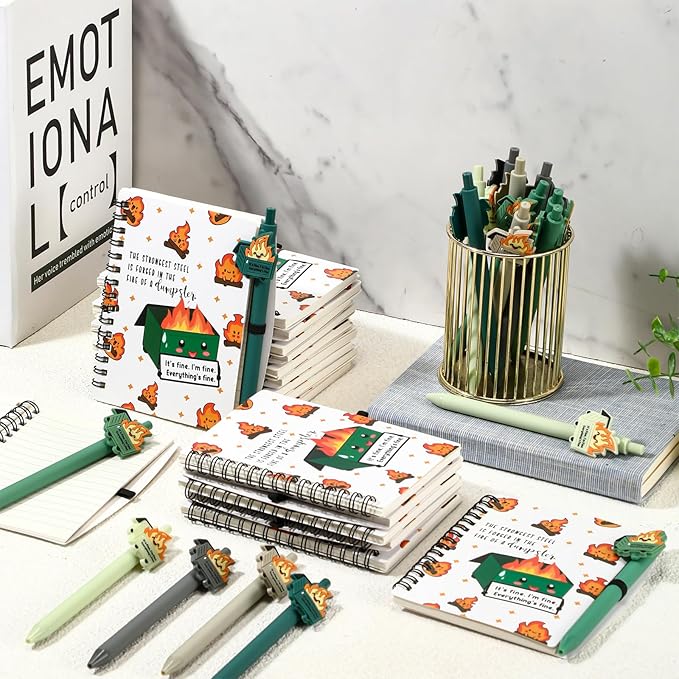 40 Pcs Dumpster Fire A6 Notebooks Pens Bulk Boss Day Inspirational Funny Gift Set with Saying Dumpster Fire Notepad Ballpoint Pen Dispatcher Employee Appreciation Gift (Green)
