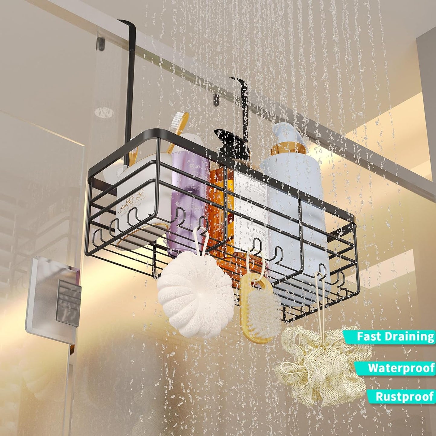 HapiRm Hanging Shower Caddy Organizer - No Drilling Shower Organizer with Hooks, Rustproof & Waterproof 304 Stainless Steel Bathroom Shelves - Black (1 Basket)