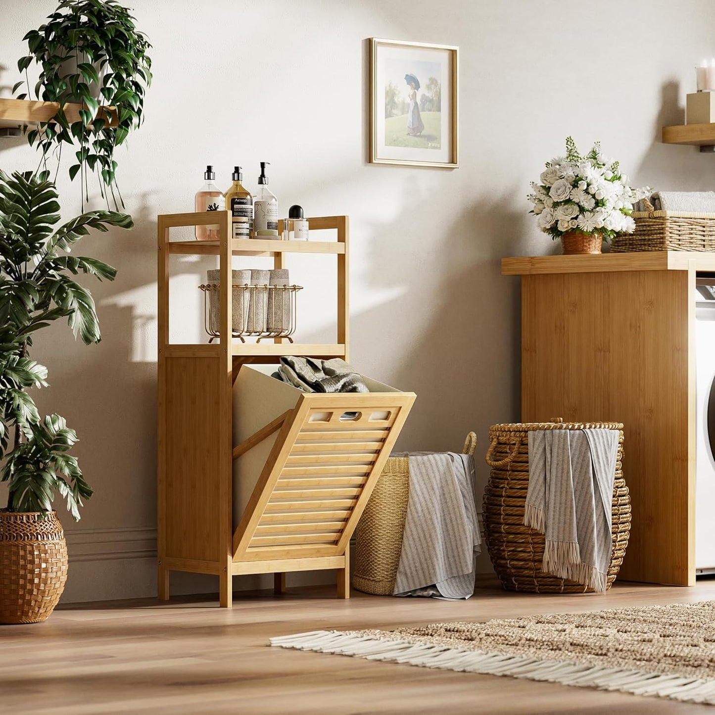 HITNET Tilt Out Laundry Hamper, Bamboo Laundry Basket with Foldable Bag and 2 Open Shelves, Freestanding Clothes Storage Organizer for Bedroom, Bathroom, Living Room, Natural