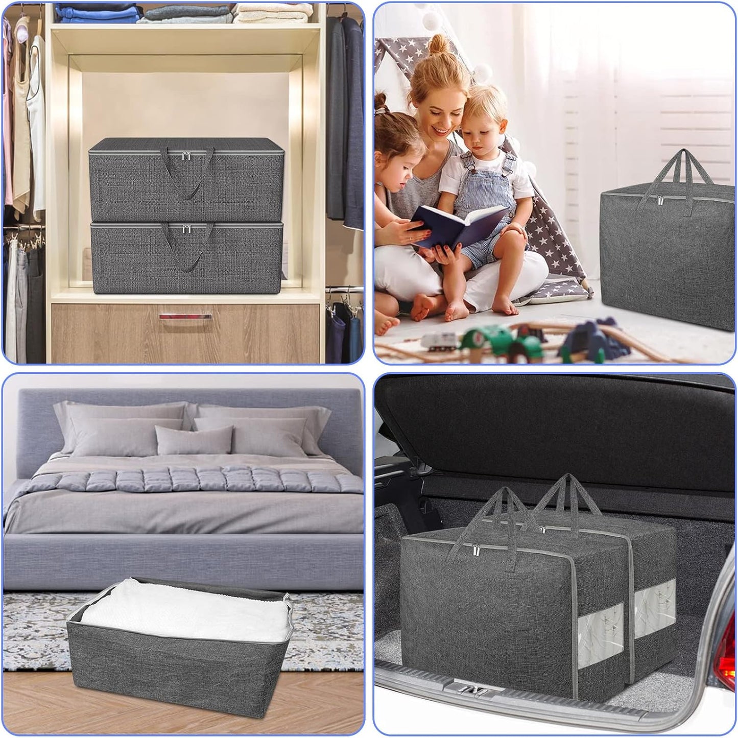 2Pack 105L Extra Large Storage Bags, Folding Comforter Blanket Storage Bags Closet Organizers and Storage Containers with Strong Handles&Zippers Clear Window for Clothes Bedding Pillow, Black