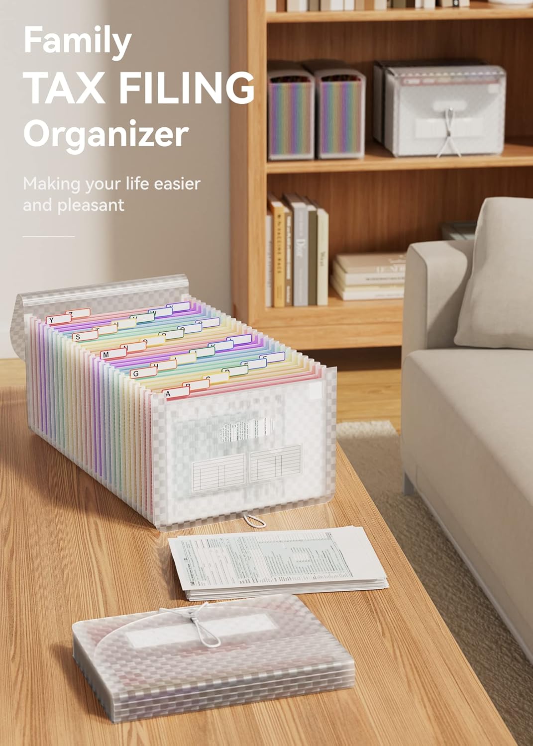 ABC life 26 Pockets Accordion File Organizer, Expanding File Folder, Portable Monthly Paper Bill Tax Receipt Organizer, Letter A4 Size Document Organizer with Labels - Pink