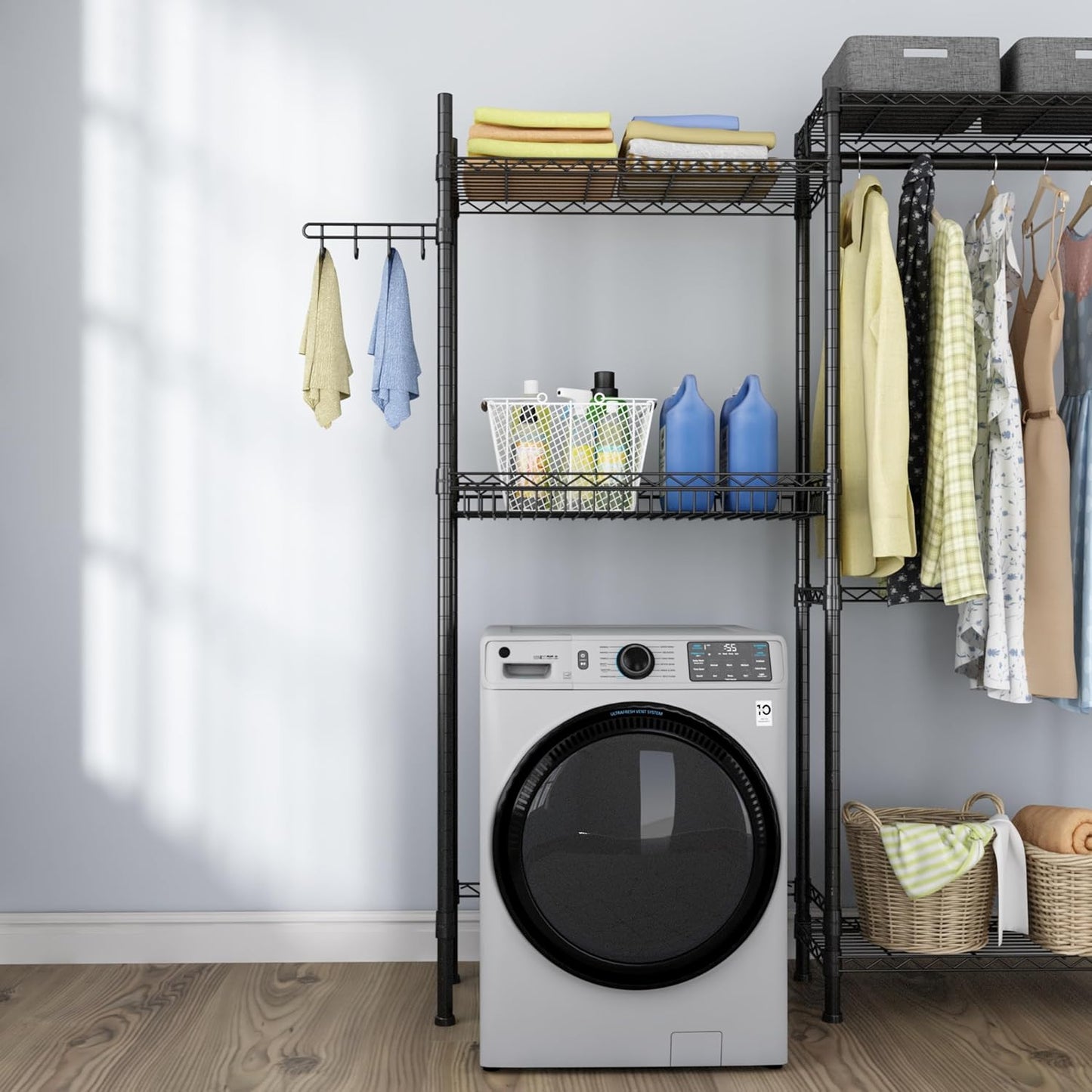 Over Washer and Dryer Shelves,Laundry Room Storage Organization Clothes Drying Rack,4 Tier Adjustable Height Wire Shelving with Wire Basket,Hanger Rod&Hook,Space Saving Shelf