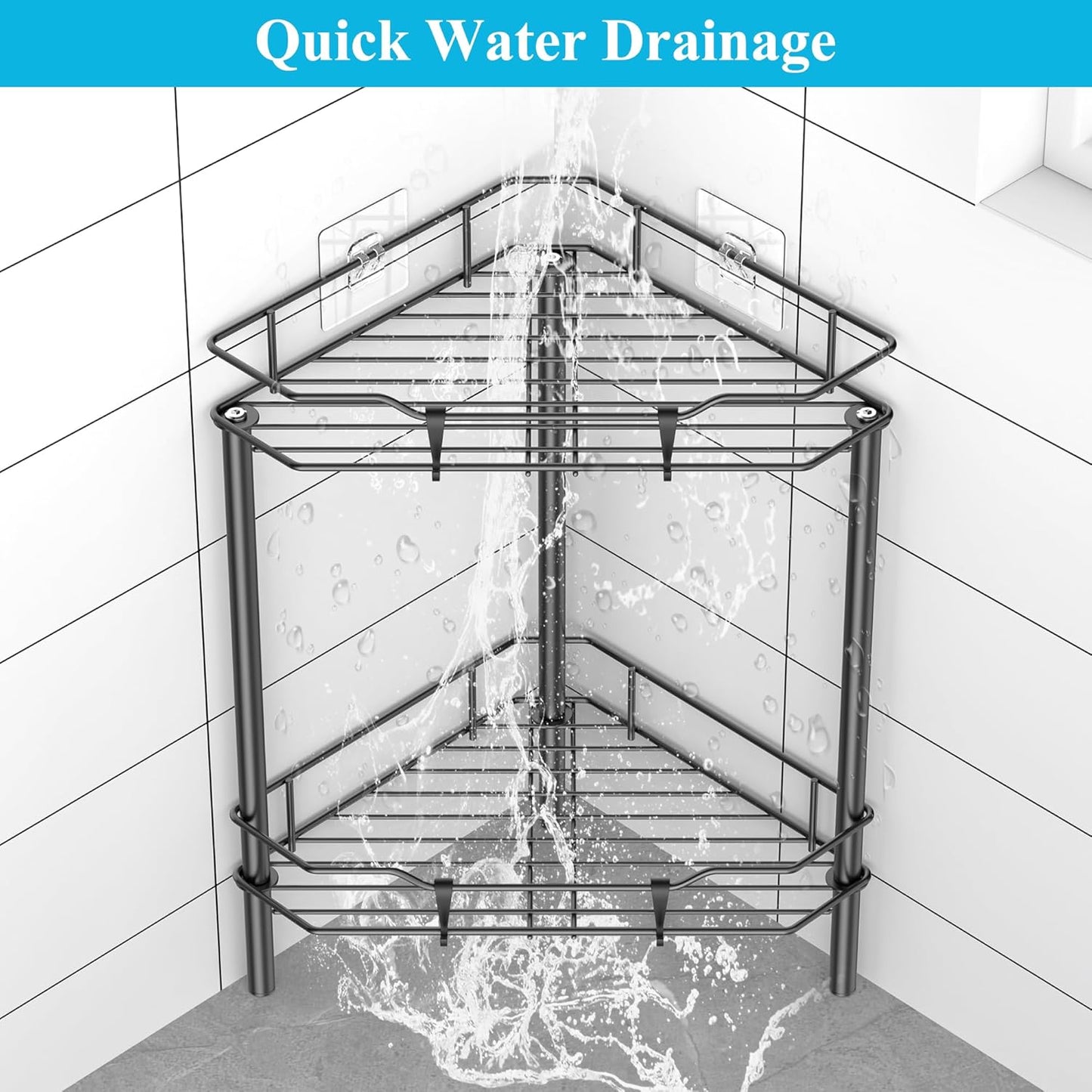 2 Tier Floor Standing Corner Shower Caddy Organizer Shelf with Hooks, Bathroom Shelves Stand Rack, Black