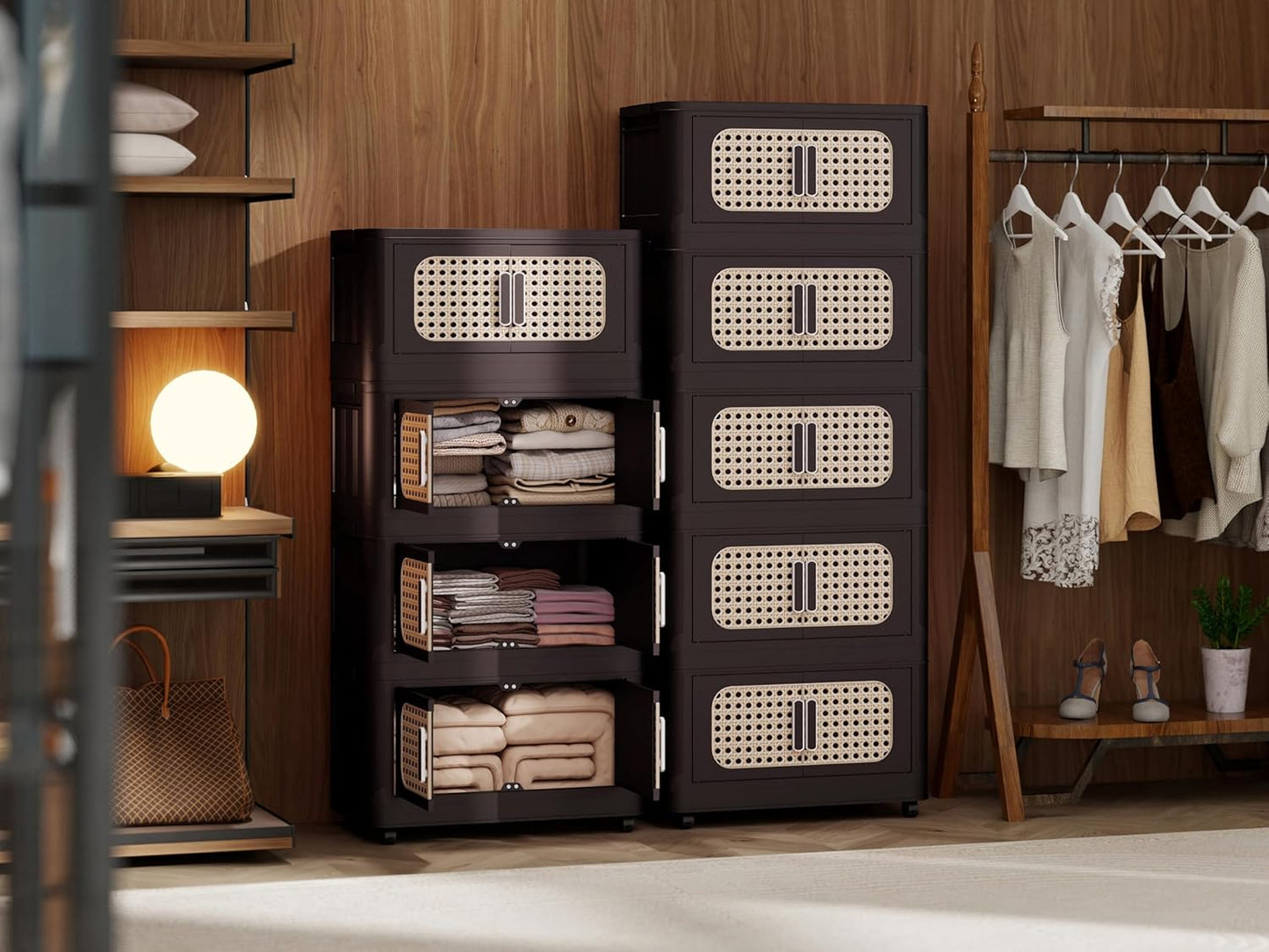 Holaki 195 QT Storage Bins with Lid, 5 Tiers Collapsible Plastic Storage Bins Storage Cabinet Box with Wheels and Magnetic Door for Home Closet Organizers(Retro Brown)