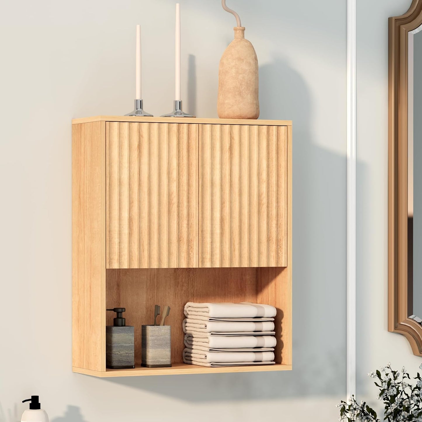 Fluted Bathroom Wall Cabinet,Medicine Cabinet with Adjustable Shelf,Over The Toilet Storage Cabinet for Laundry,Hanging Cabinet,Kitchen and Living Room Cabinets (Oak)