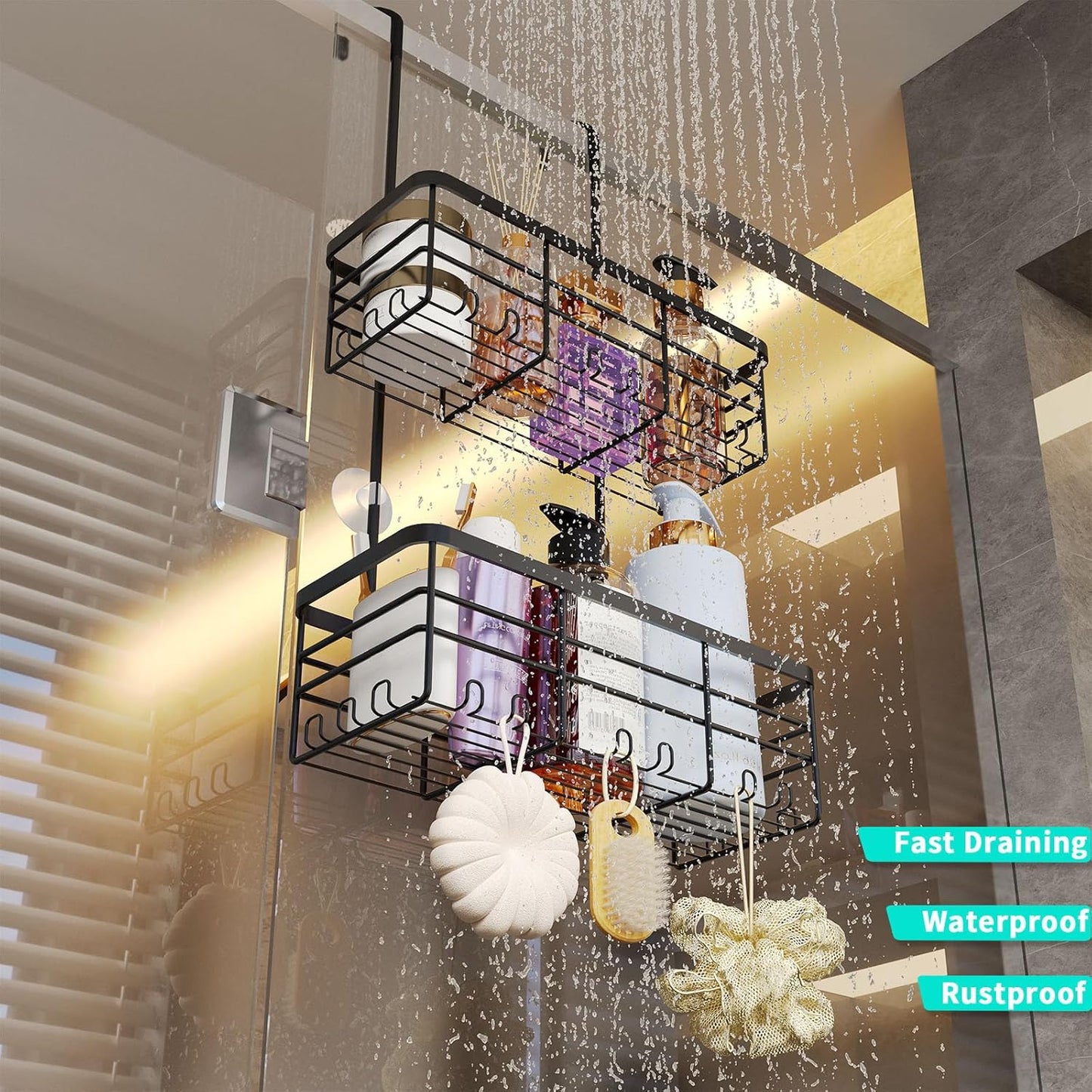 HapiRm Hanging Shower Caddy Organizer - No Drilling Shower Organizer with Hooks, Rustproof & Waterproof 304 Stainless Steel Bathroom Shelves - Black