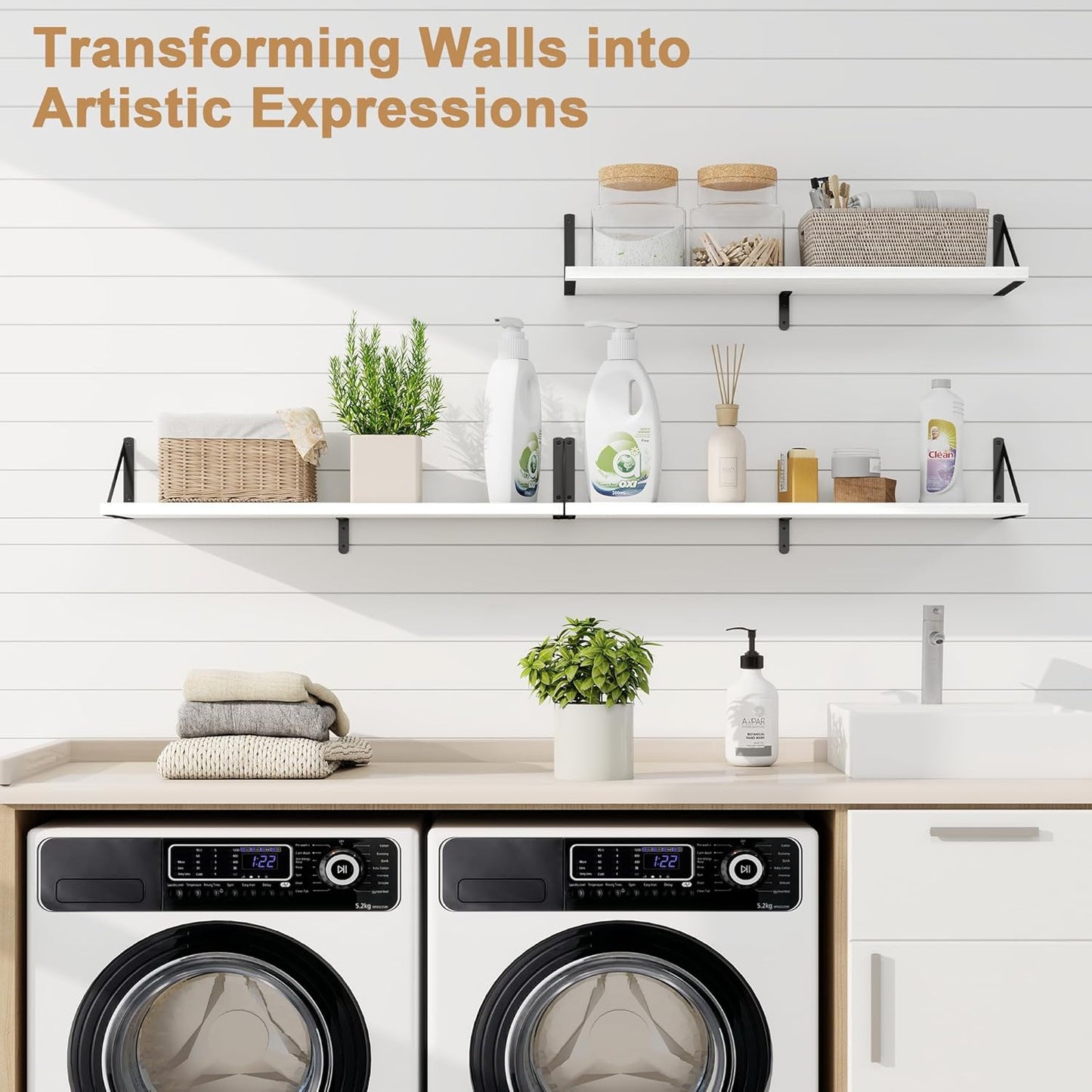 Fun Memories Floating Shelves, 32 x 8 Inches, Set of 3 Wall-Mounted Bookshelves with Metal Brackets, Decorative Storage for Home and Office (White)