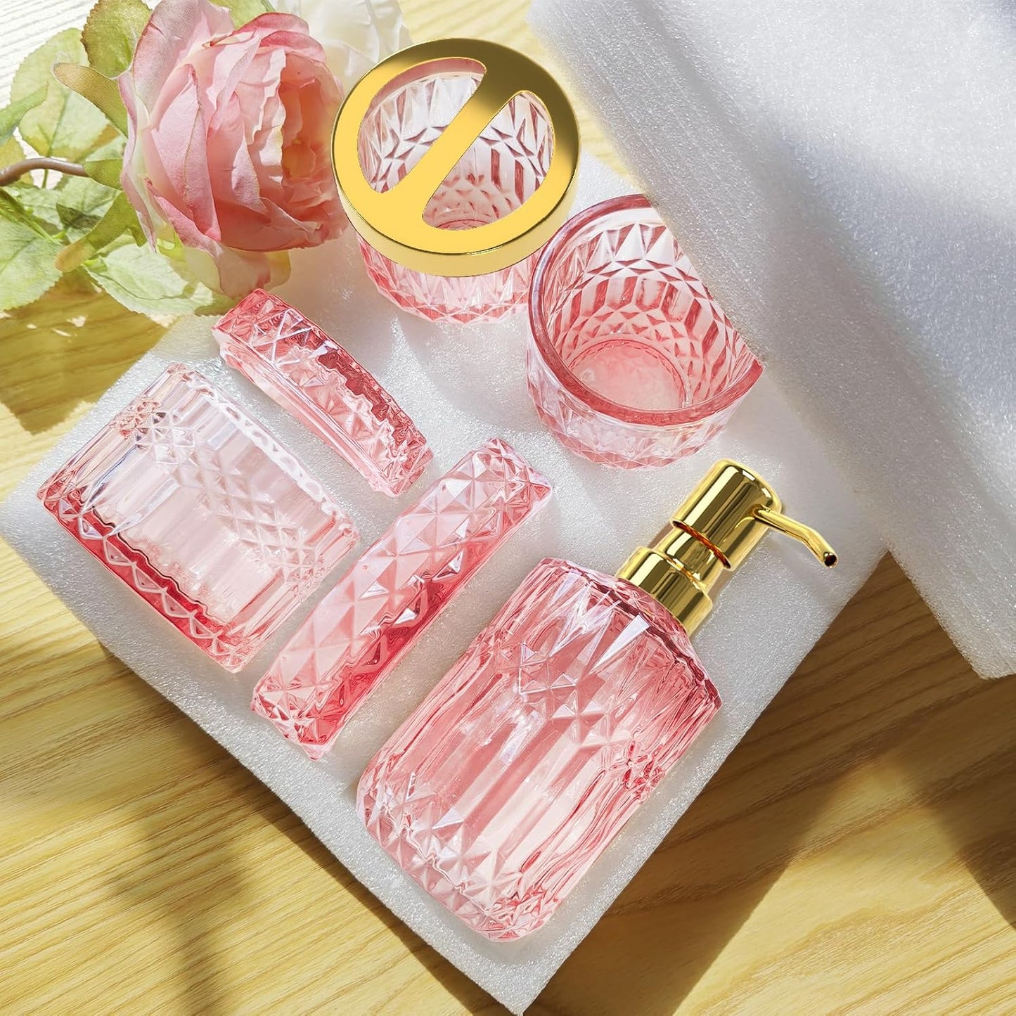 Pink Bathroom Accessories Set, 5Pcs Clear Glass Pink Bathroom Decor with Lotion Soap Dispenser, Soap Dish, Tumbler, Cotton Swab Jar, Toothbrush Holder for Bathrooms Set Modern Crystal Vintage Gift