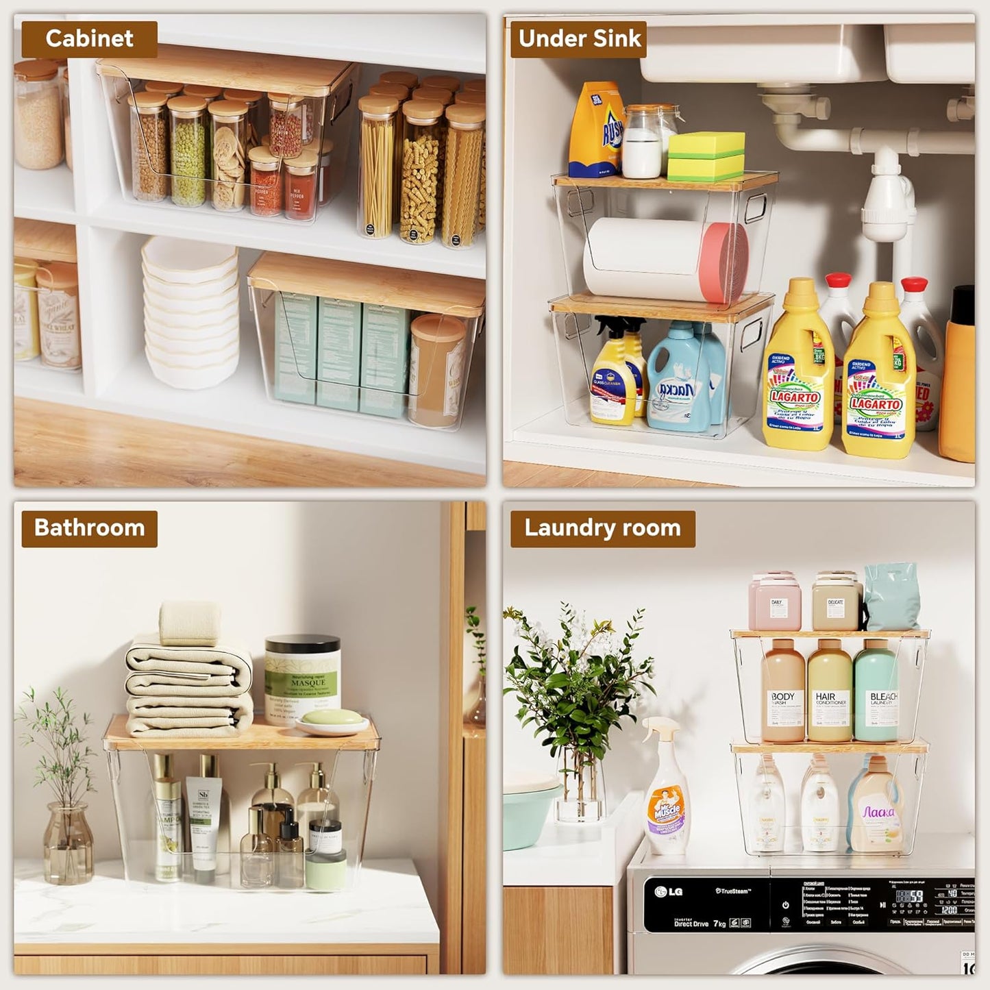 Criusia 2 Set Pantry Organizers and Storage with Bamboo Lids, Stackable Clear Bins for Onion, Potato, Fruit, Vegetables, Trash Bag Dispenser, Kitchen and Under Sink Organizer