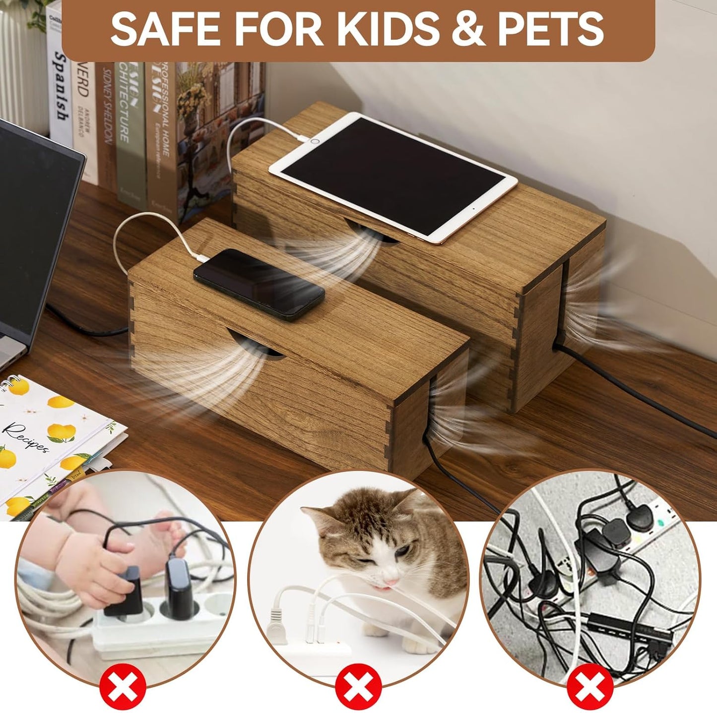 KIRIGEN Cable Management Box Wooden Cord Organizer Hide Power Strip Desk Wires Protector for Home Office TV Computer (DXH2T-DBR)