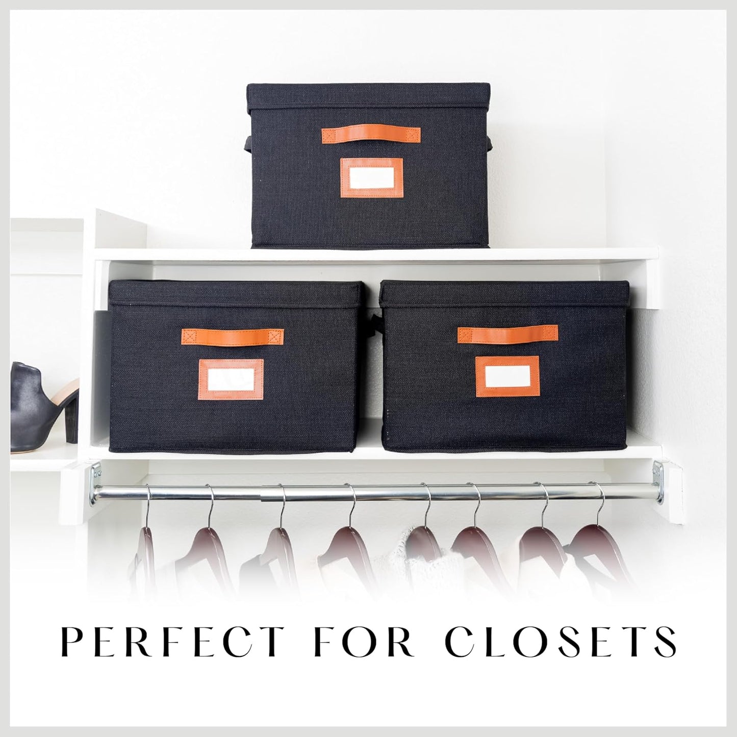 3 Pack Large Fabric Storage Box with Lid - Decorative Bin with Lid, Label Holder, Faux Handles - Large Decorative Storage Boxes with Lids for Organizing Clothes, Blankets - Black