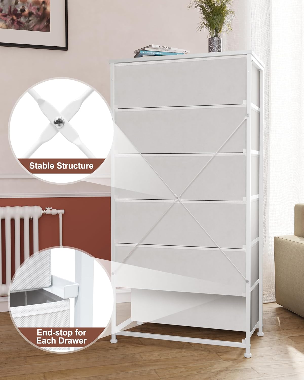 Crestlive Products Dresser for Bedroom with 6 Drawers, Tall Chest of Drawers, White Dressers Bedroom Furniture, Storage Organizer Unit with Bins for Closet, Hallway, Living Room, Entryway