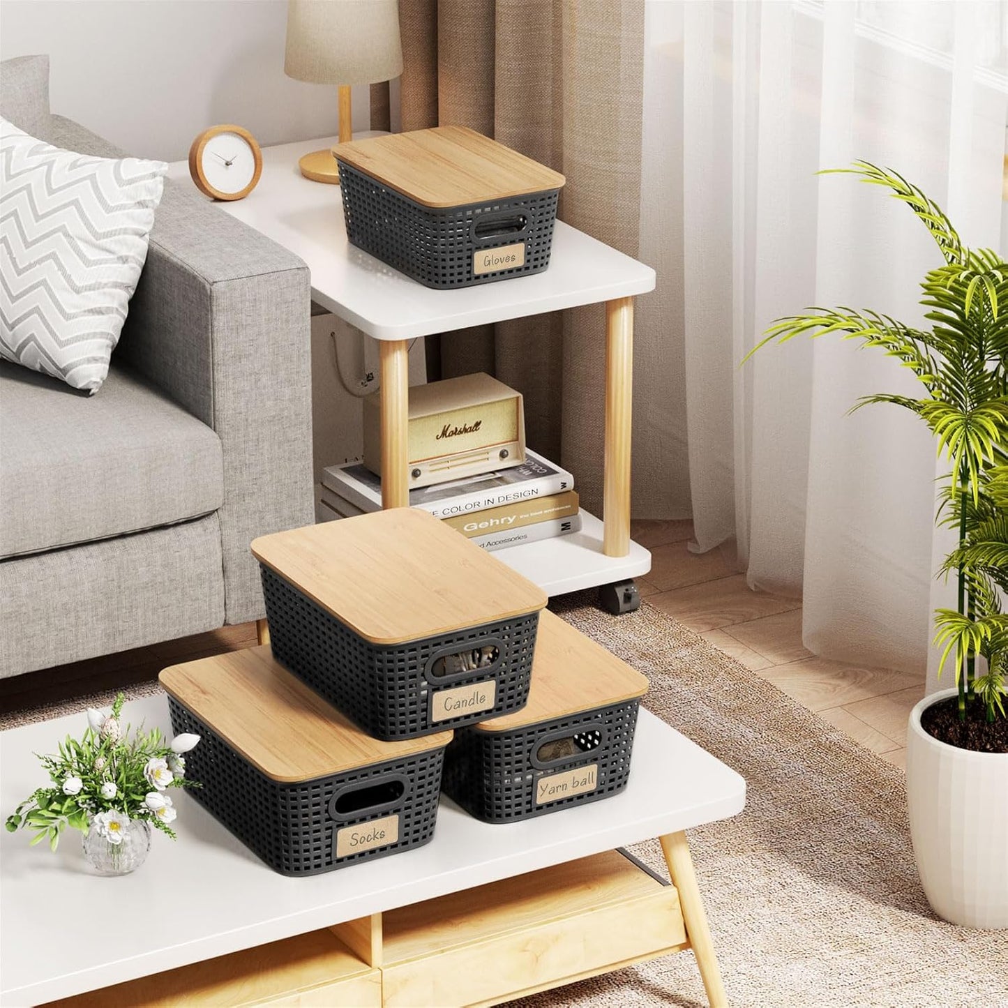 Plastic Storage Bins with Bamboo Lid - Plastic Storage Baskets with Lid - Stackable Container with Lable for Organizing: Small Storage Box for Shelves Office Cabinet Drawer ,10x7.2x4 In - Black 6 Pcs