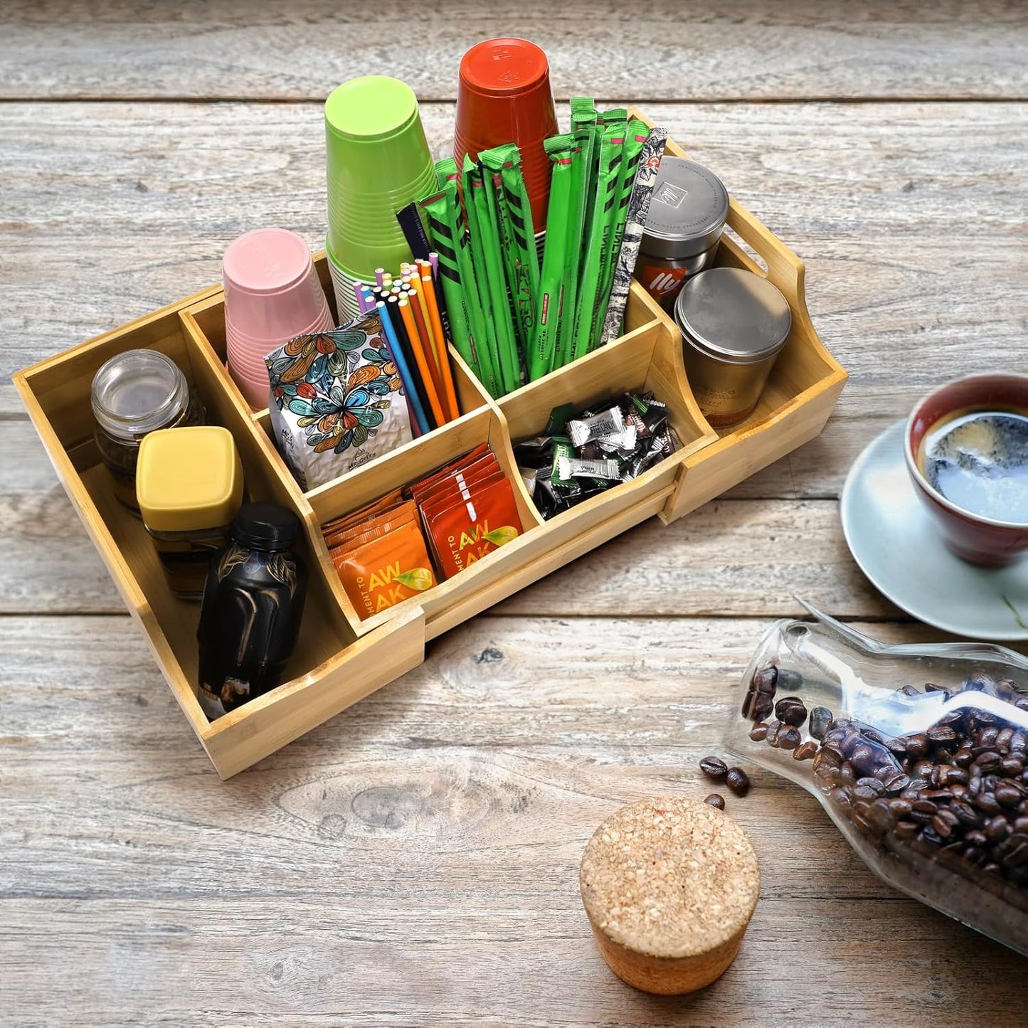 Coffee Station Organizer for Countertop, Bamboo Coffee Bar Condiment Organizer, Extendable Tea Condiment Storage for Bar Decor, Kitchen, Office, 7 Compartment