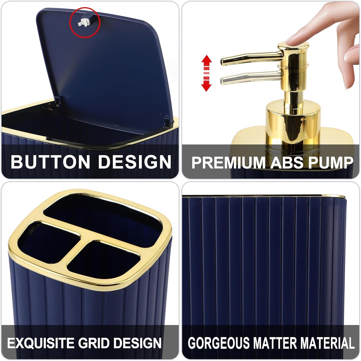 Bathroom Accessories Set - Gorgeous Bathroom Set, 10PC Navy Blue Bathroom Accessory Set, Toilet Brush, Trash Can, Qtip Holder Dispenser & Soap Dispenser