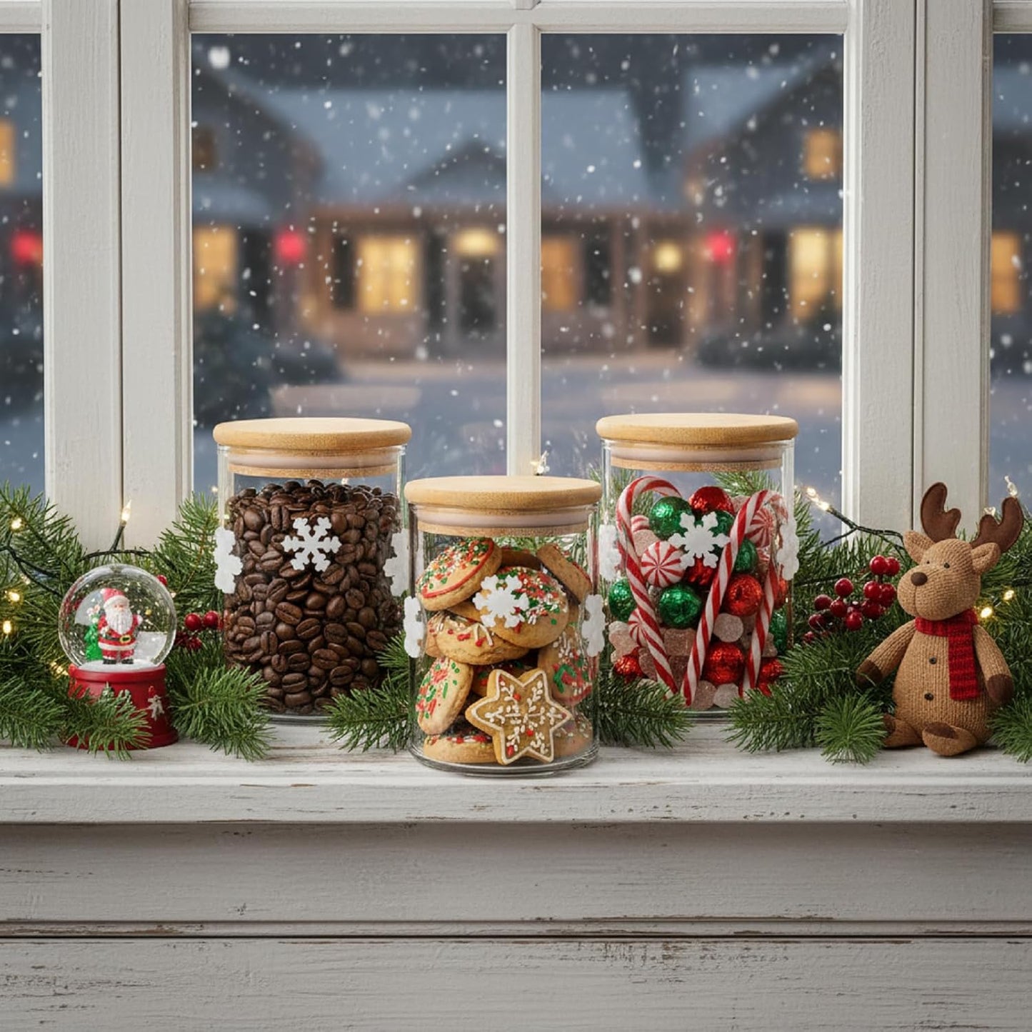 3 Pcs Christmas Icon Glass Storage Jars with Airtight Bamboo Lid White Snowflake Christmas Icon Glass Jars Canister Set for Home Winter Xmaskitchen Countertop