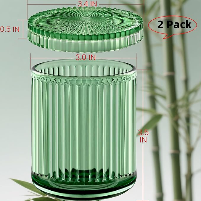 2 Pack Glass Qtip Holder Dispenser Set - Bathroom Organizer for Cotton Swabs, Balls, Pads, Floss Picks - Clear Apothecary Jars for Vanity, Makeup Storage, Bathroom Accessories Decor (Green)