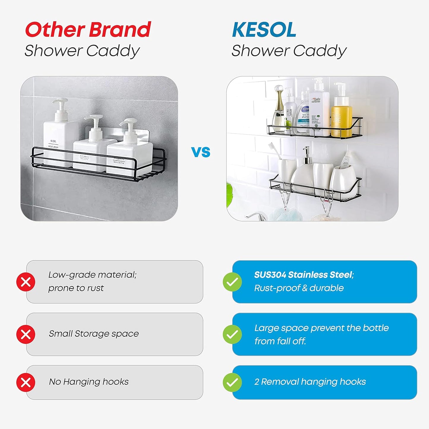 KESOL Adhesive Shower Caddy Shower Shelf Organizer with Hooks, SUS304 Stainless Steel, 2 Pack (Black)