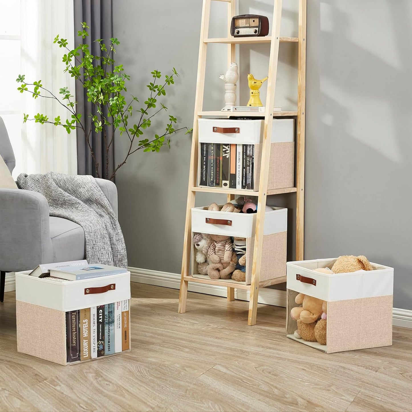 Storage Cubes, 4 Pack Linen Foldable Storage Bins (13 x 13 inch) with Clear Window and Handles, Fabric Organizer for Shelf Closet, Clothes, Books - (Beige and White)