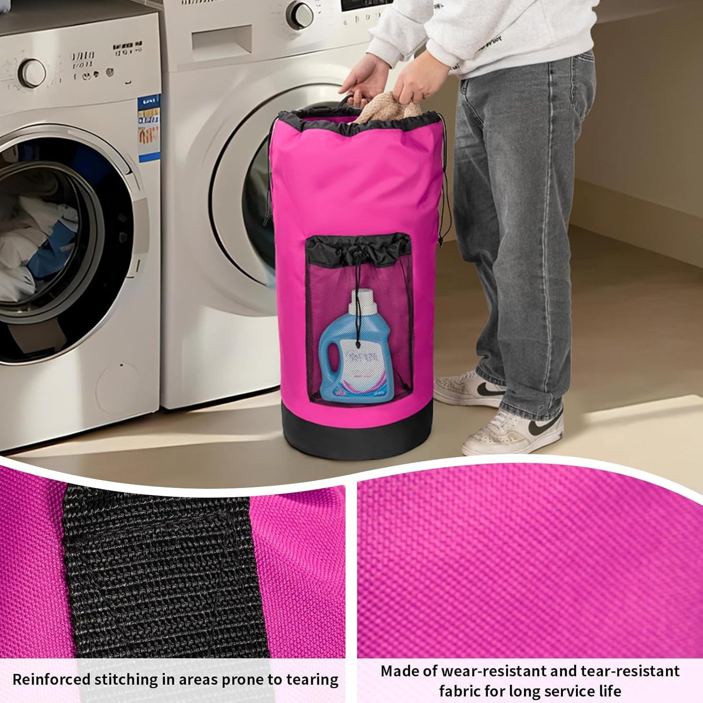 Laundry Bag Backpack with Shoulder Straps and Mesh Pocket Foldable Clothes Hamper Bag with Drawstring Closure for College, Apartment, Laundromat (Pink)