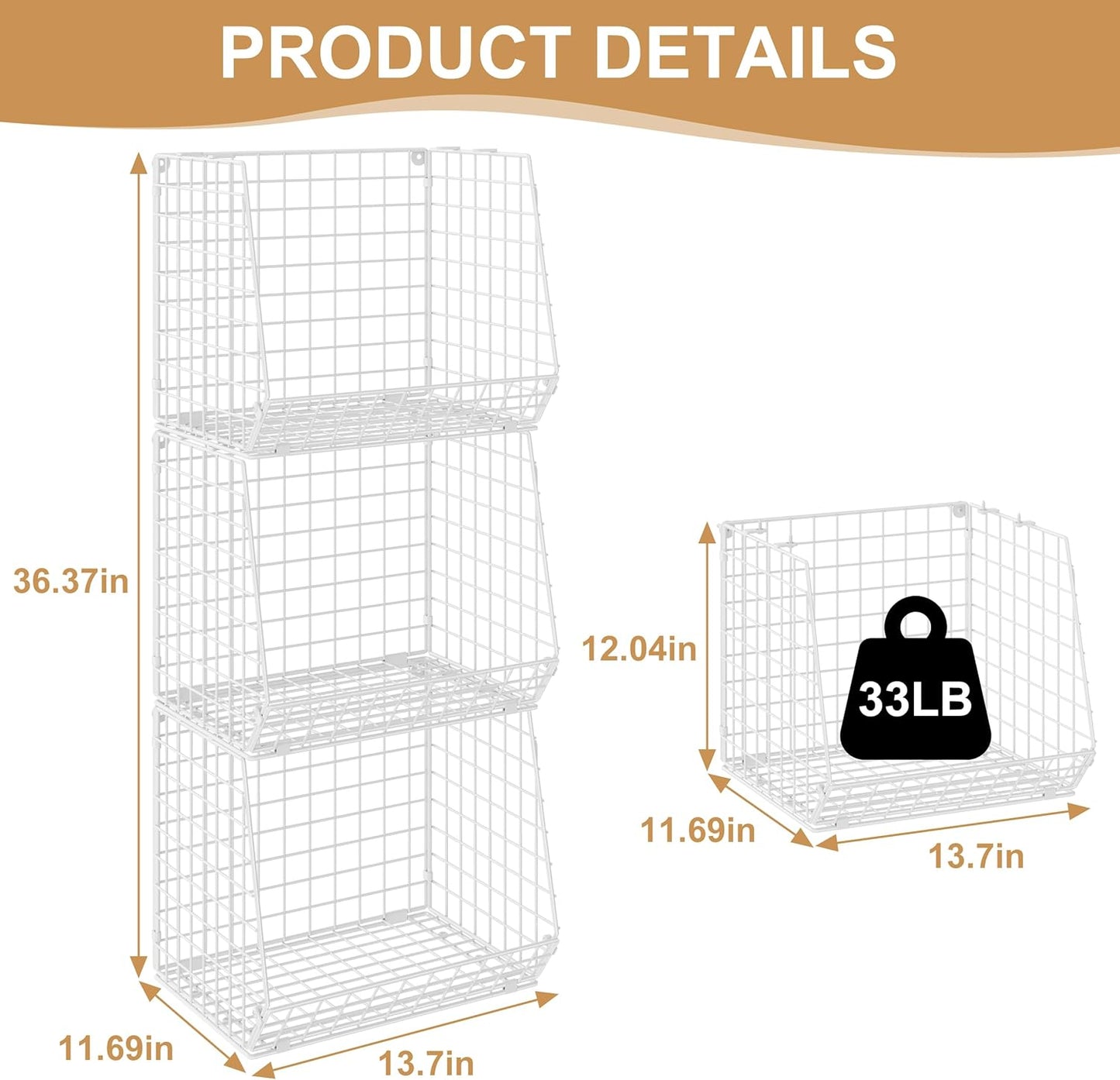 Sonyabecca 3 Pack Under Shelf Laundry Room Organizer: Foldable Wall Mounted Wire Basket Space Saving Over The Washer and Dryer Shelves - Laundry Organization and Storage, White Patent