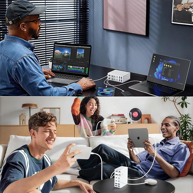 500W USB C Charger Block, 12-Port USB C Charging Station for Multiple Devices, Leather Texture Dual PD 65W Laptop Fast Charger Compatible with MacBook Pro/Air, iPad, iPhone,Galaxy and More, White