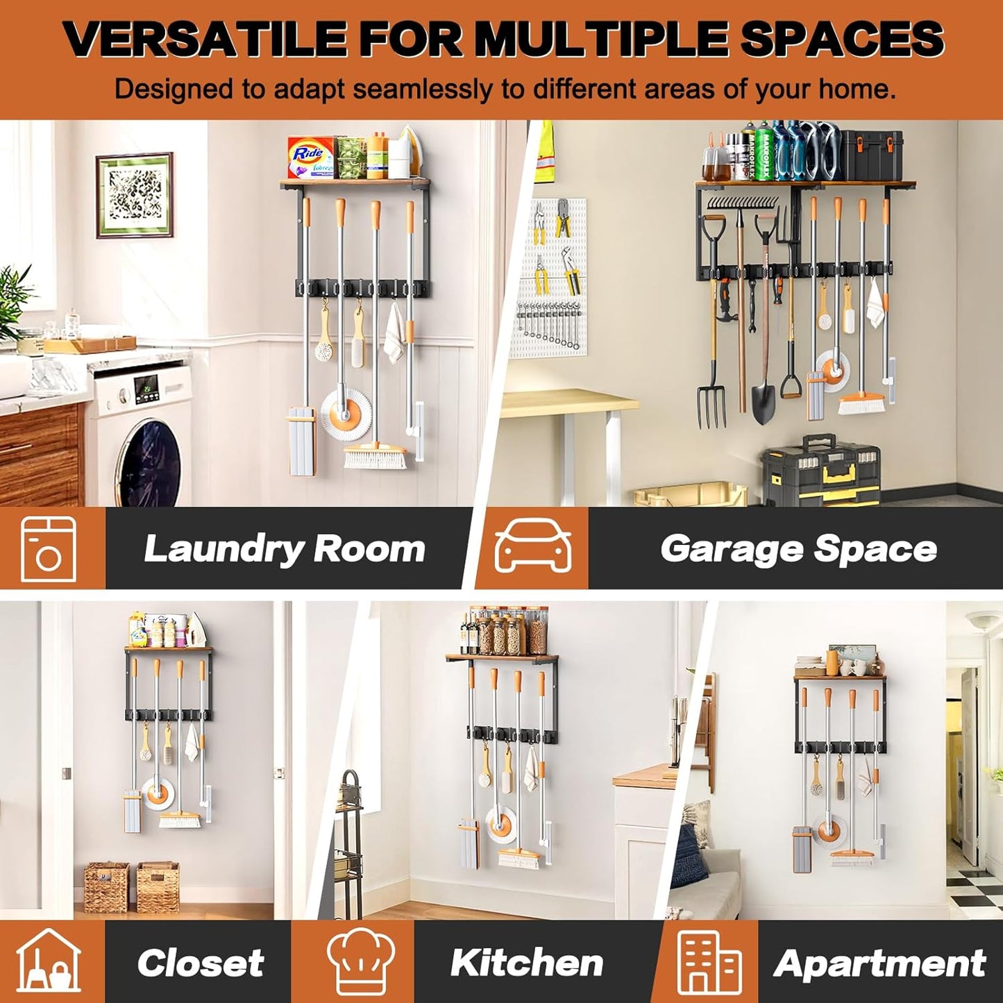 Broom Holder Wall Mount with Cleaning Supplies Organizer, Laundry Room Organization and Storage Shelves, Mop Hanger Broom Rack with Hooks, Home Improvement Kitchen Shelf Garage Organizer