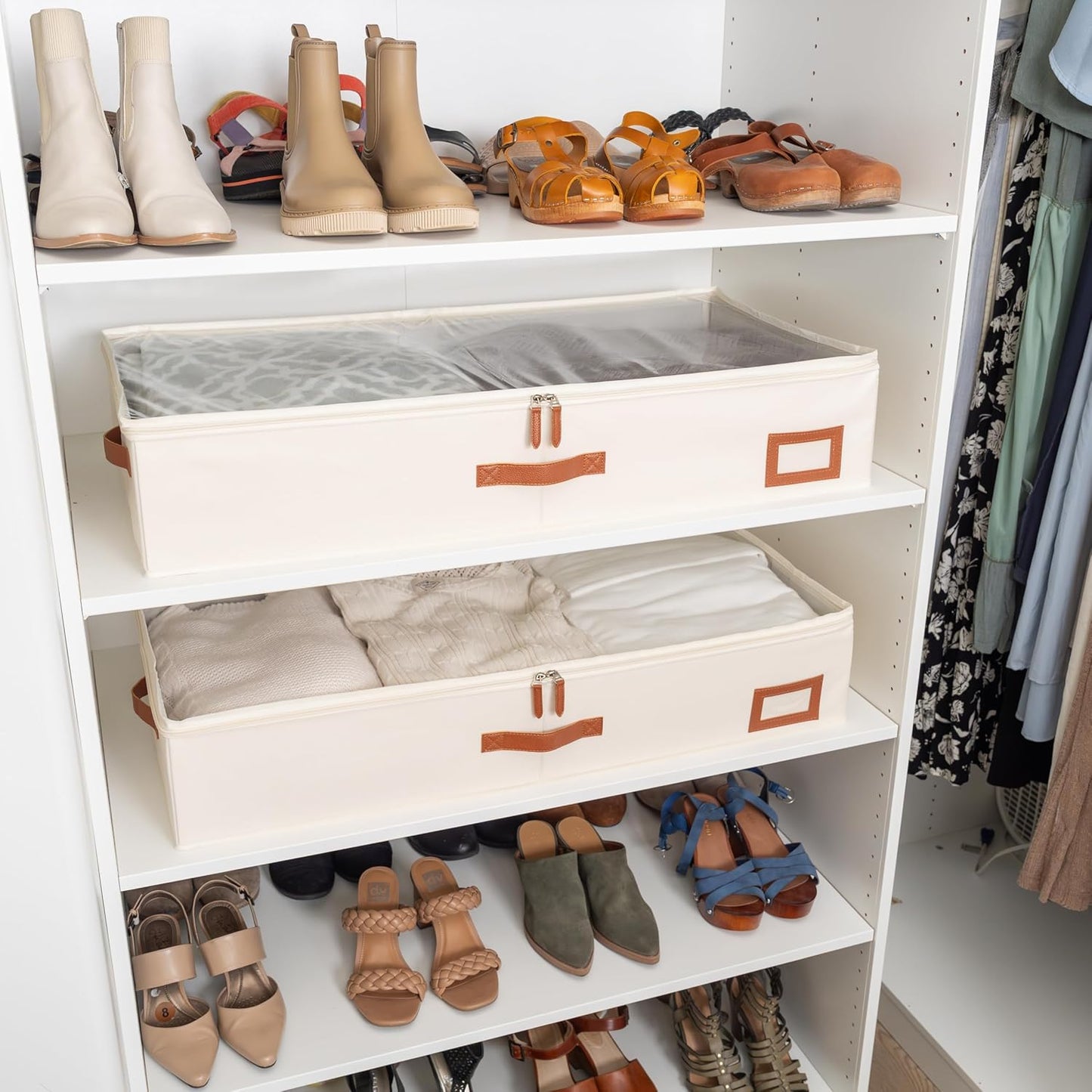 OrganiHaus Under Bed Storage Containers, Bedroom Storage and Organization Bins, Clothes Organizer for Closet with Clear Cover and Reinforced Handles - Set of 2 33x17x6 inches Off-White