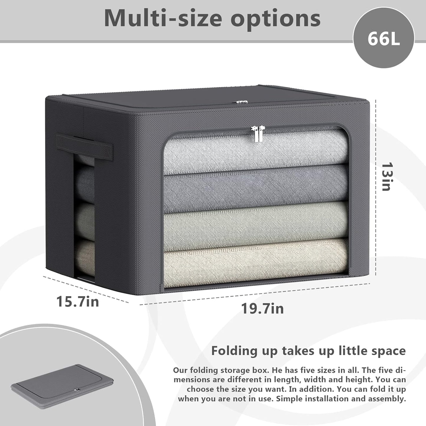 3Pack Stackable Clothes Storage Bins - Oxford Frame Storage Box Foldable Clothing Storage Container Organizer Set with Clear Window & Carry Handles Large Capacity (Dark Gray, Large-66L)